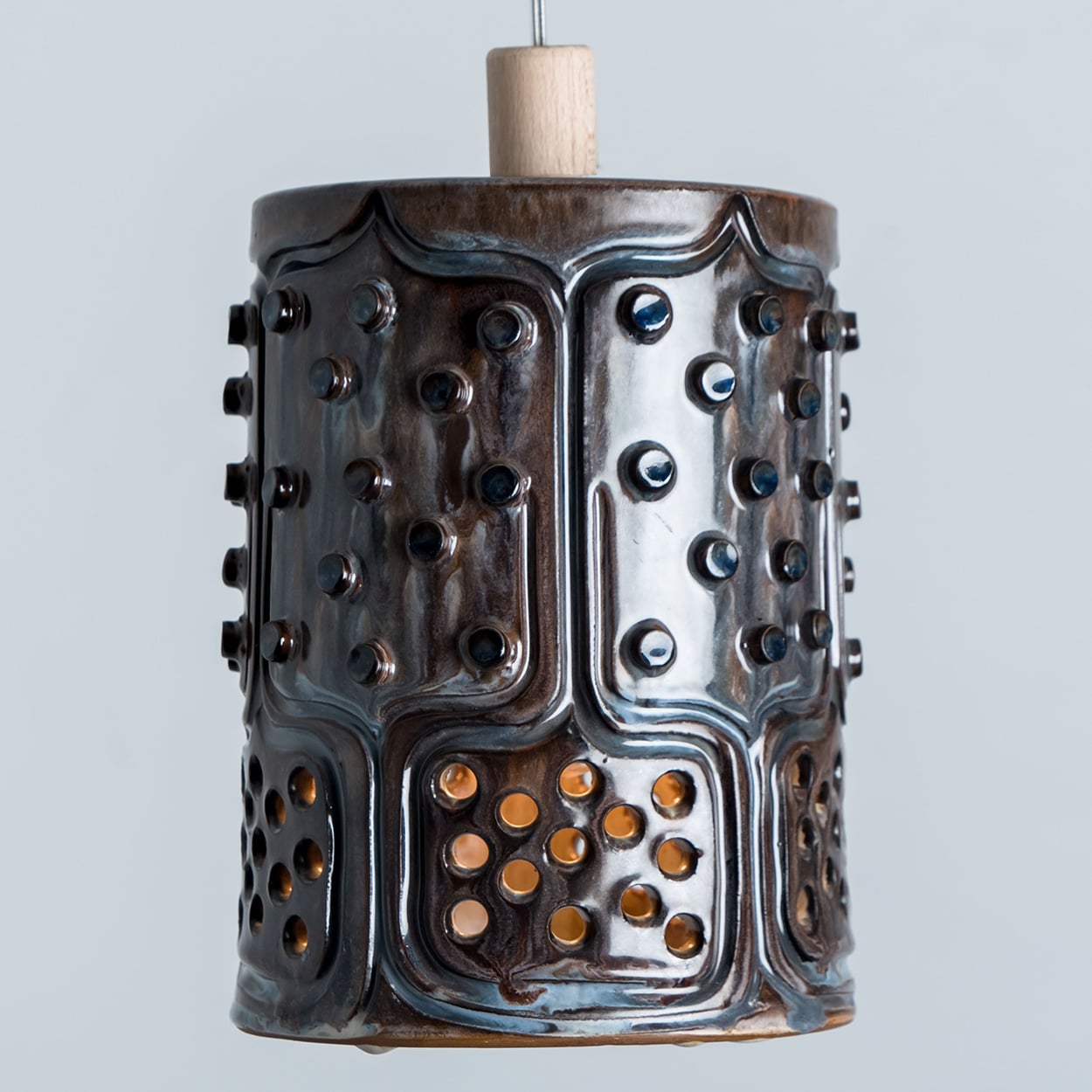 1 of 3 Cylinder Blue Brown Ceramic Pendant Lights, Denmark, 1970