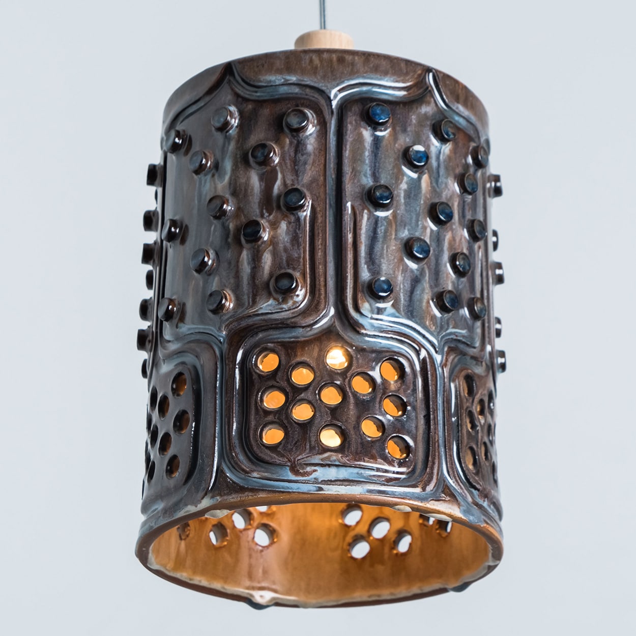 1 of 3 Cylinder Blue Brown Ceramic Pendant Lights, Denmark, 1970