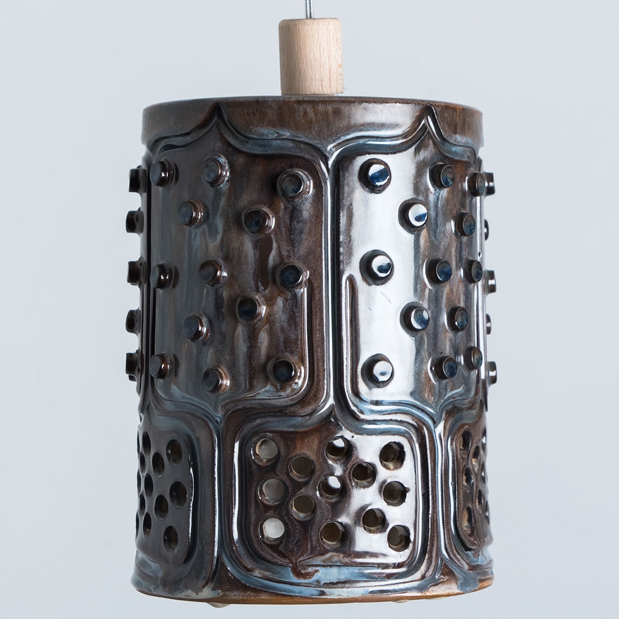 1 of 3 Cylinder Blue Brown Ceramic Pendant Lights, Denmark, 1970