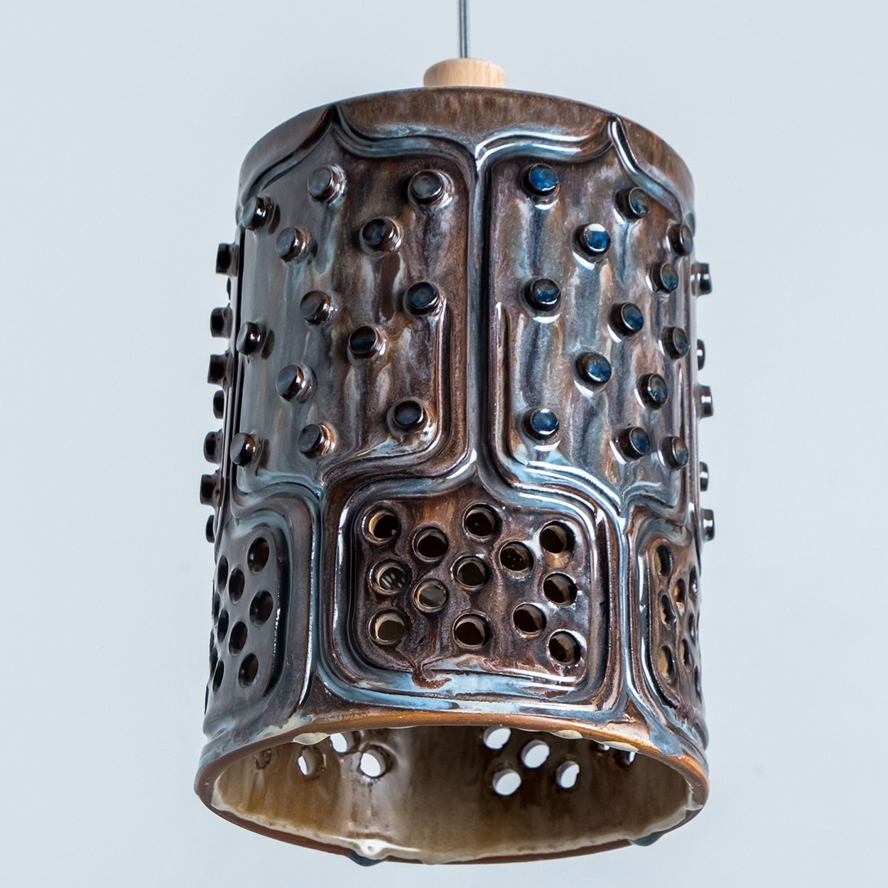 1 of 3 Cylinder Blue Brown Ceramic Pendant Lights, Denmark, 1970