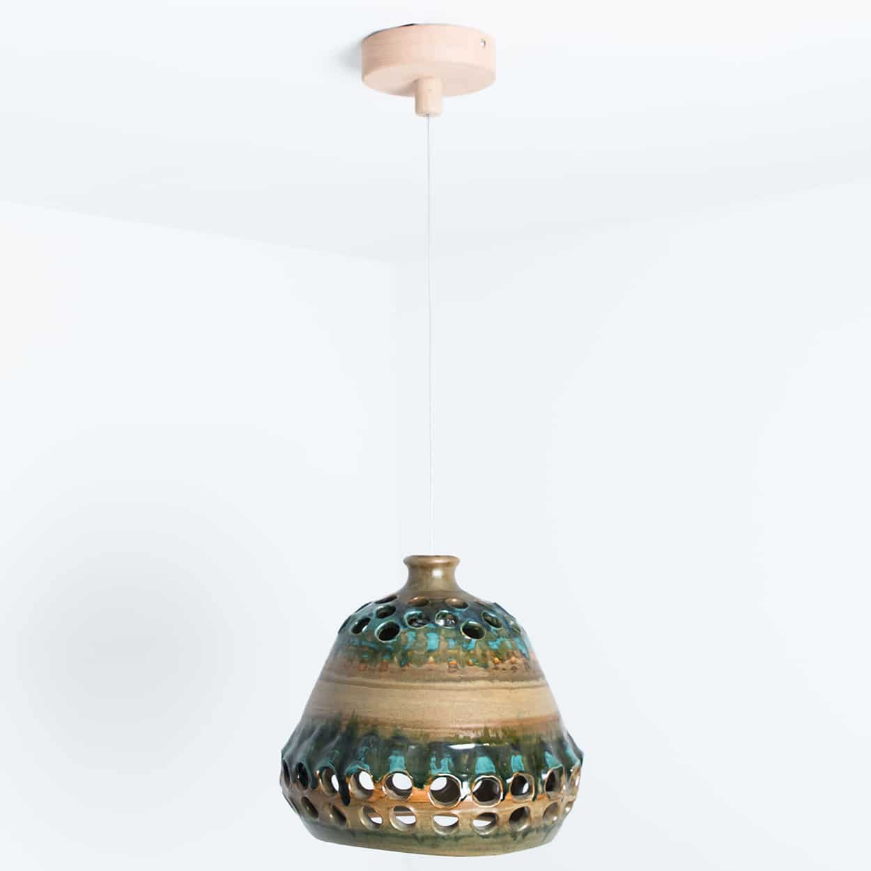 Bowl Green Brown Ceramic Pendant Light, Denmark, 1970