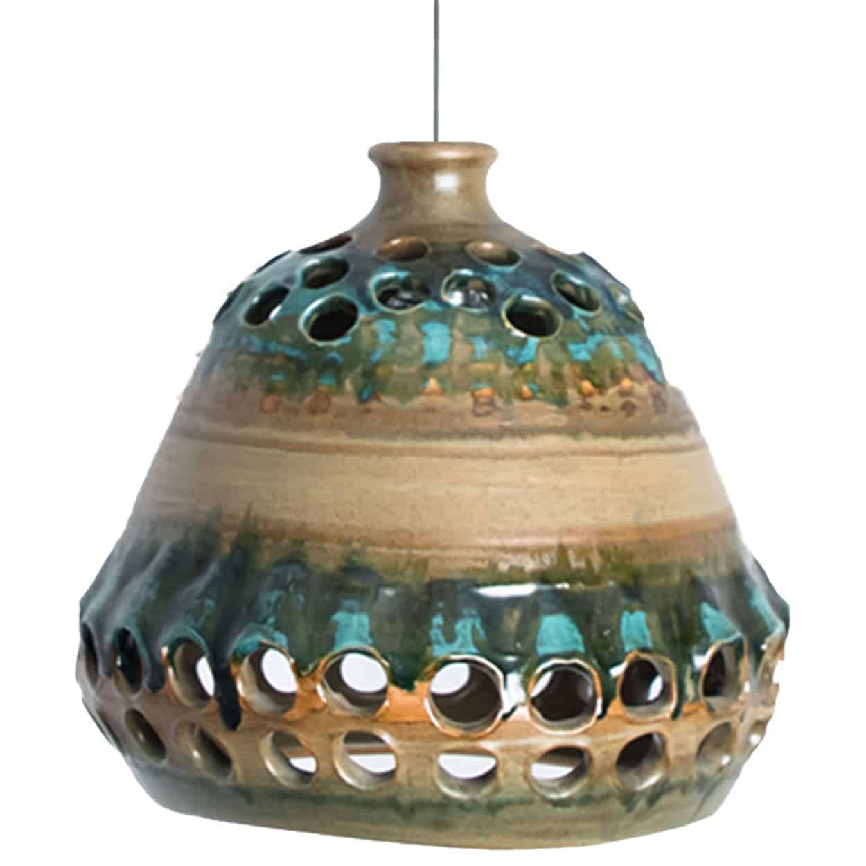 Bowl Green Brown Ceramic Pendant Light, Denmark, 1970