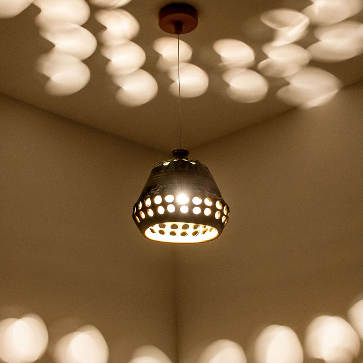 Bowl Green Brown Ceramic Pendant Light, Denmark, 1970