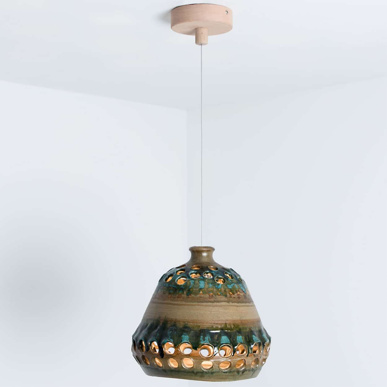 Bowl Green Brown Ceramic Pendant Light, Denmark, 1970