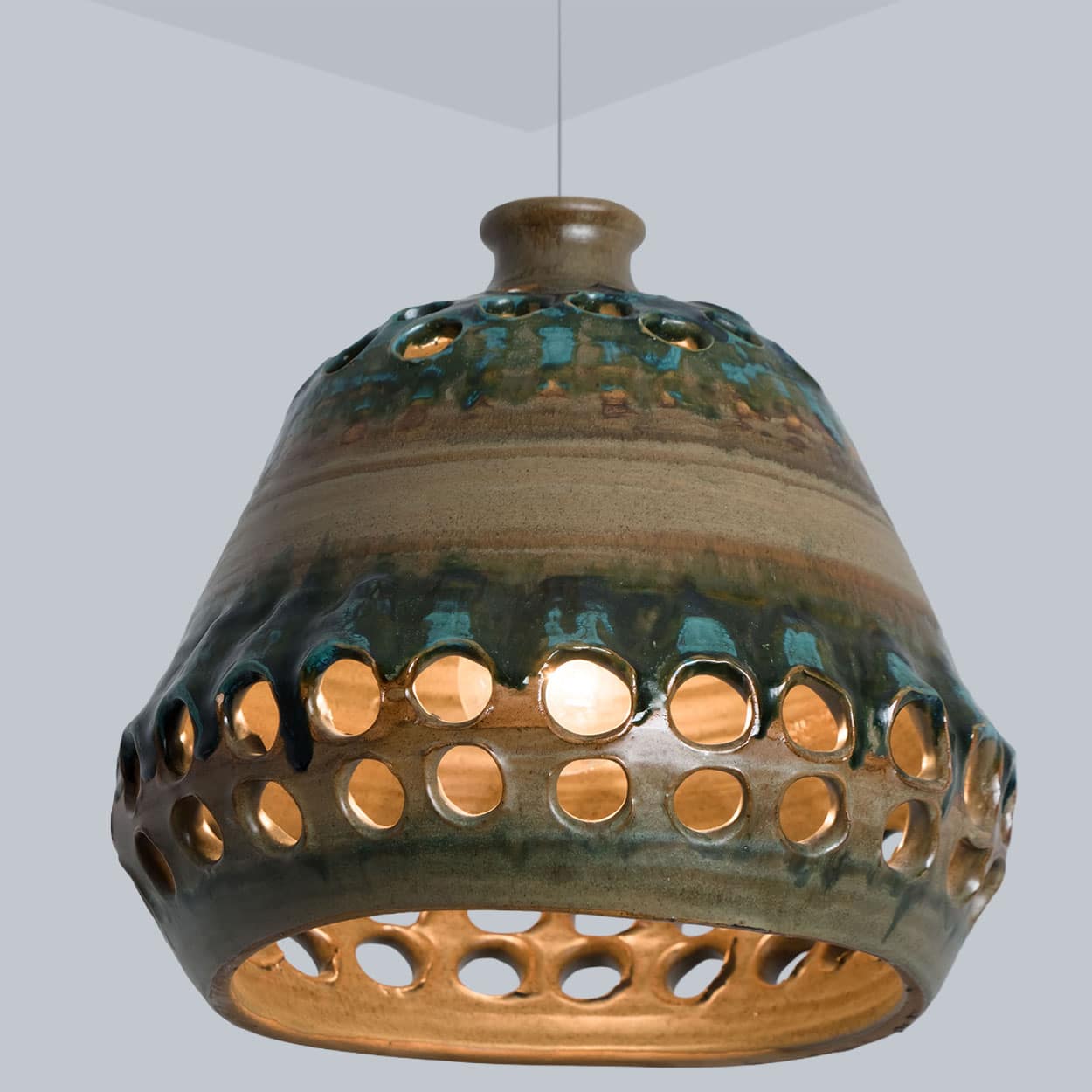 Bowl Green Brown Ceramic Pendant Light, Denmark, 1970