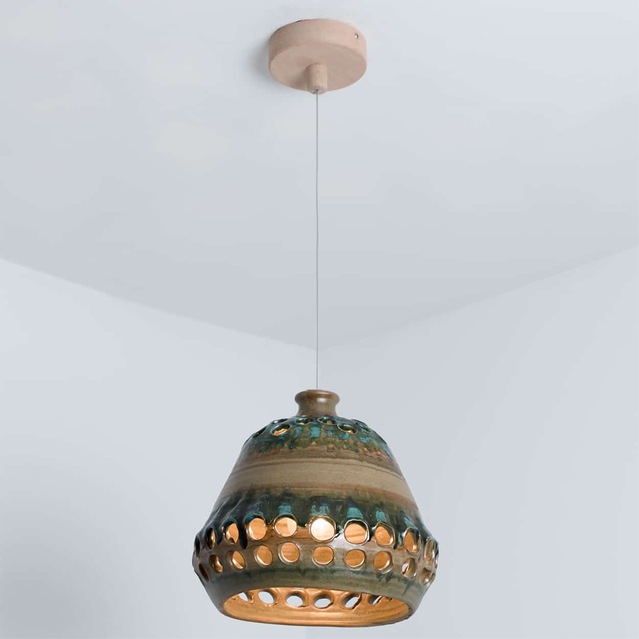Bowl Green Brown Ceramic Pendant Light, Denmark, 1970