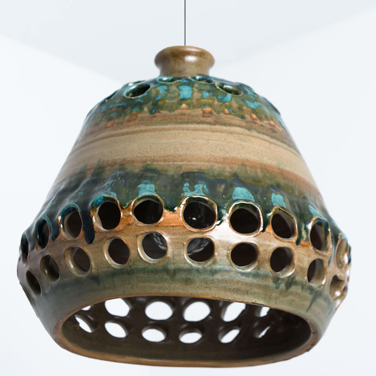 Bowl Green Brown Ceramic Pendant Light, Denmark, 1970