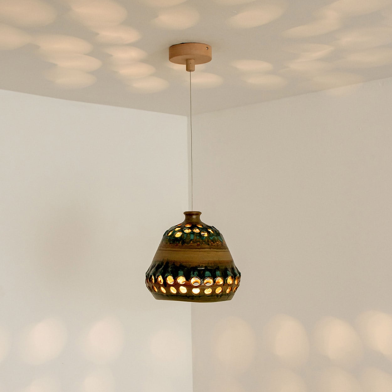 Bowl Green Brown Ceramic Pendant Light, Denmark, 1970