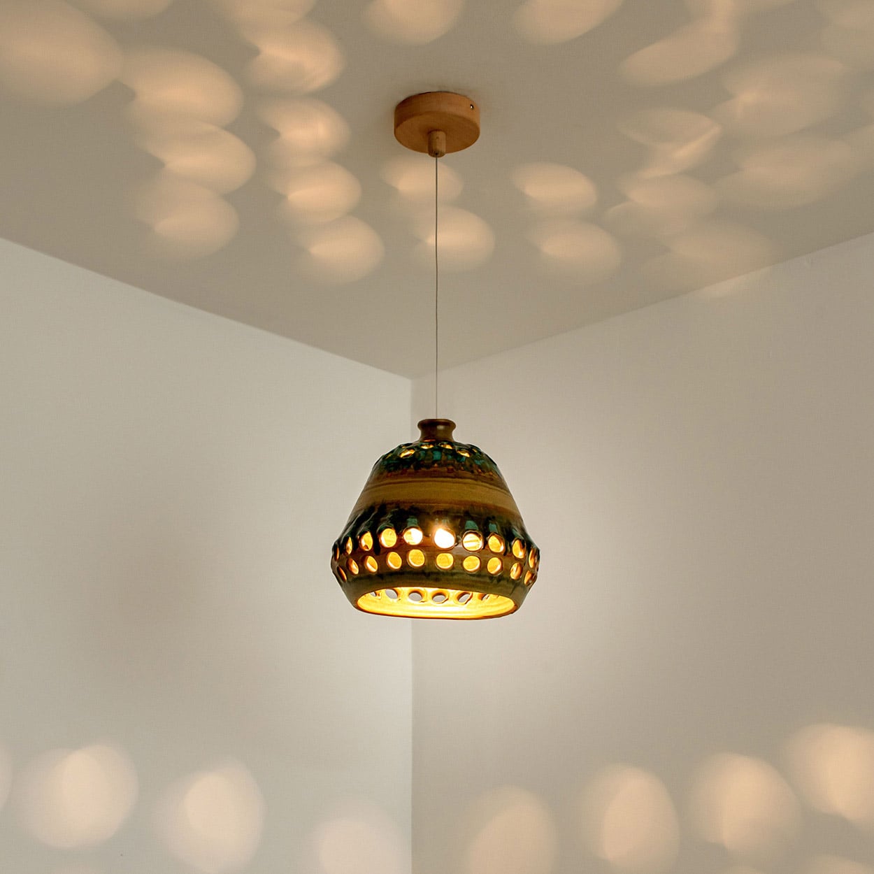 Bowl Green Brown Ceramic Pendant Light, Denmark, 1970