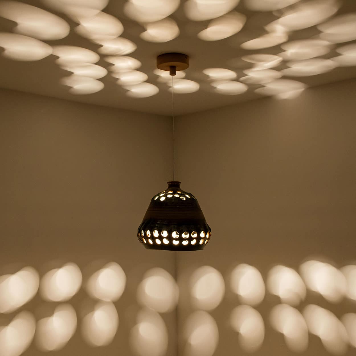 Bowl Green Brown Ceramic Pendant Light, Denmark, 1970