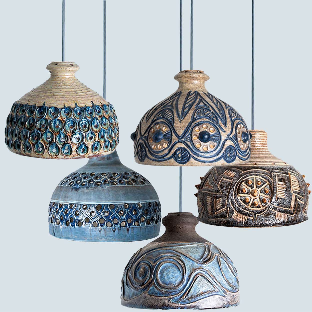 Several Blue Ceramic Pendant Lights, Denmark, 1970