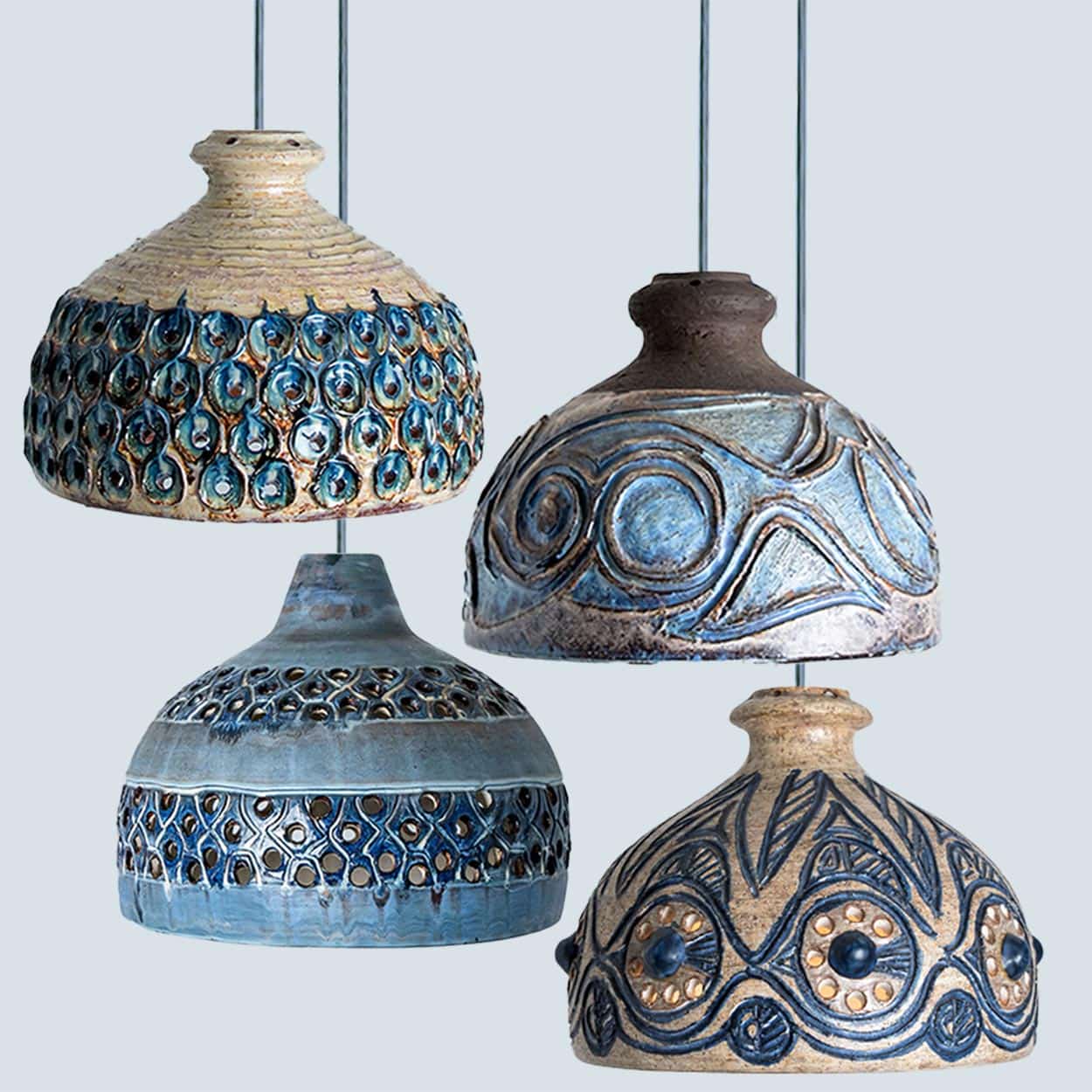 Several Blue Ceramic Pendant Lights, Denmark, 1970