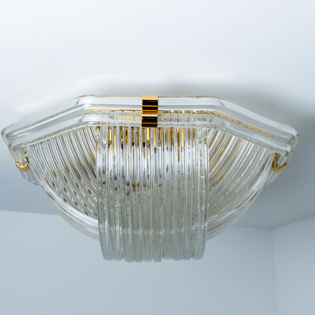 Curved Clear Gold Glass Messing Flush Mount, Venini