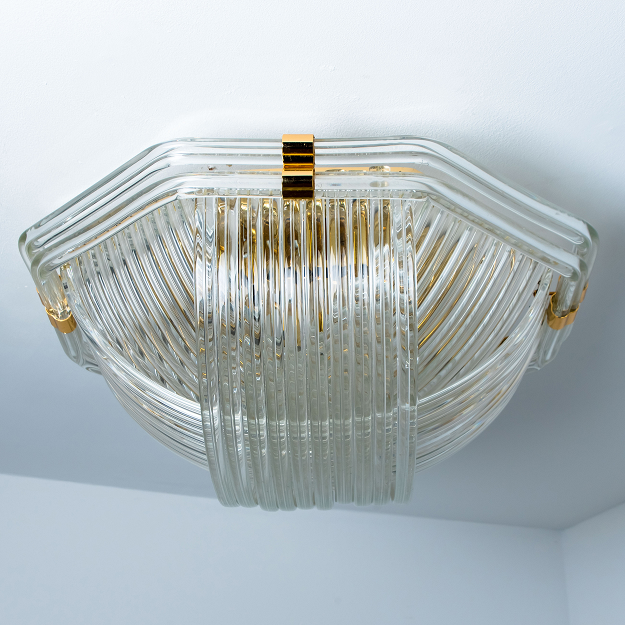 Curved Clear Gold Glass Messing Flush Mount, Venini