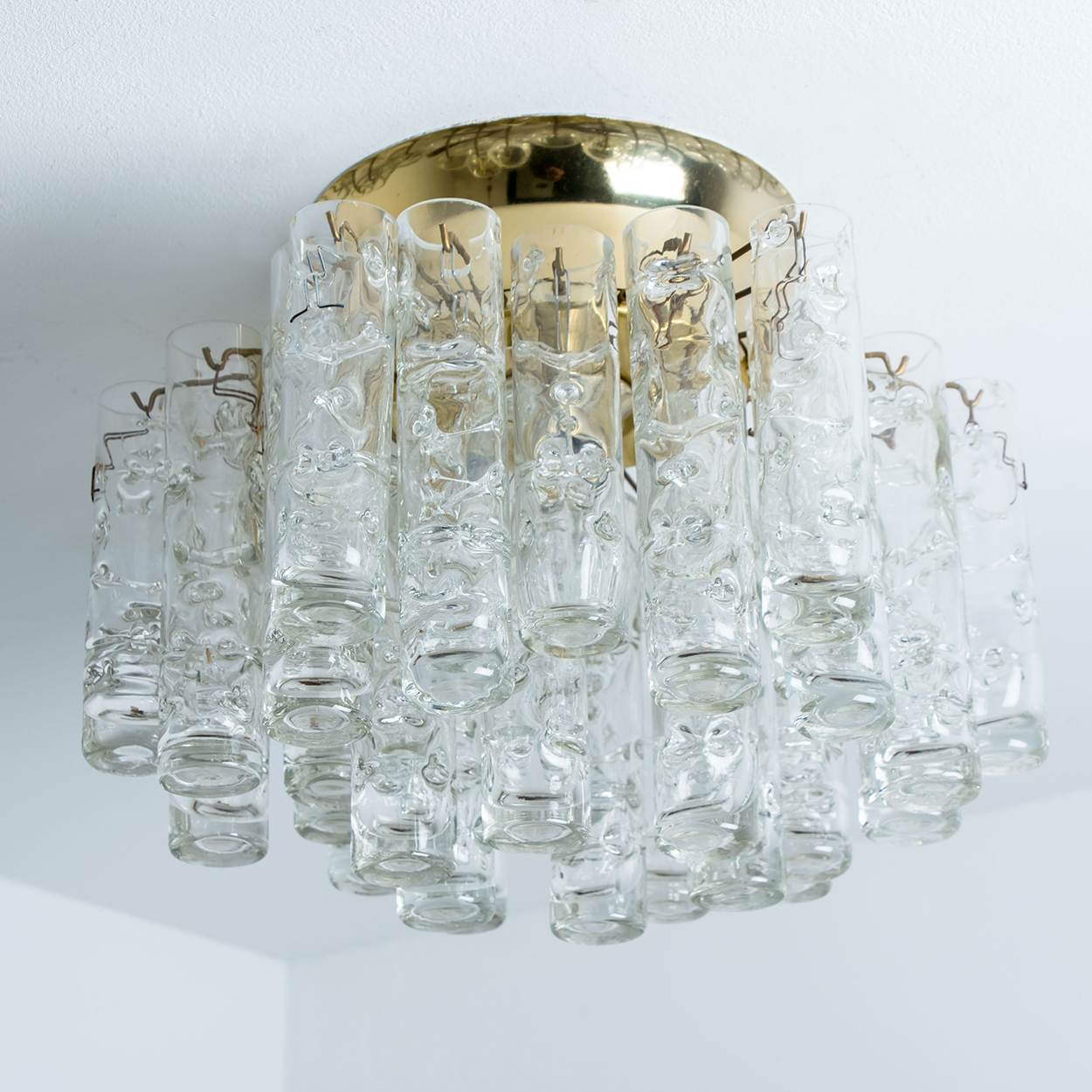 Round Textured Clear Glass Gold Flush Mount, 1960s, Doria Leuchten