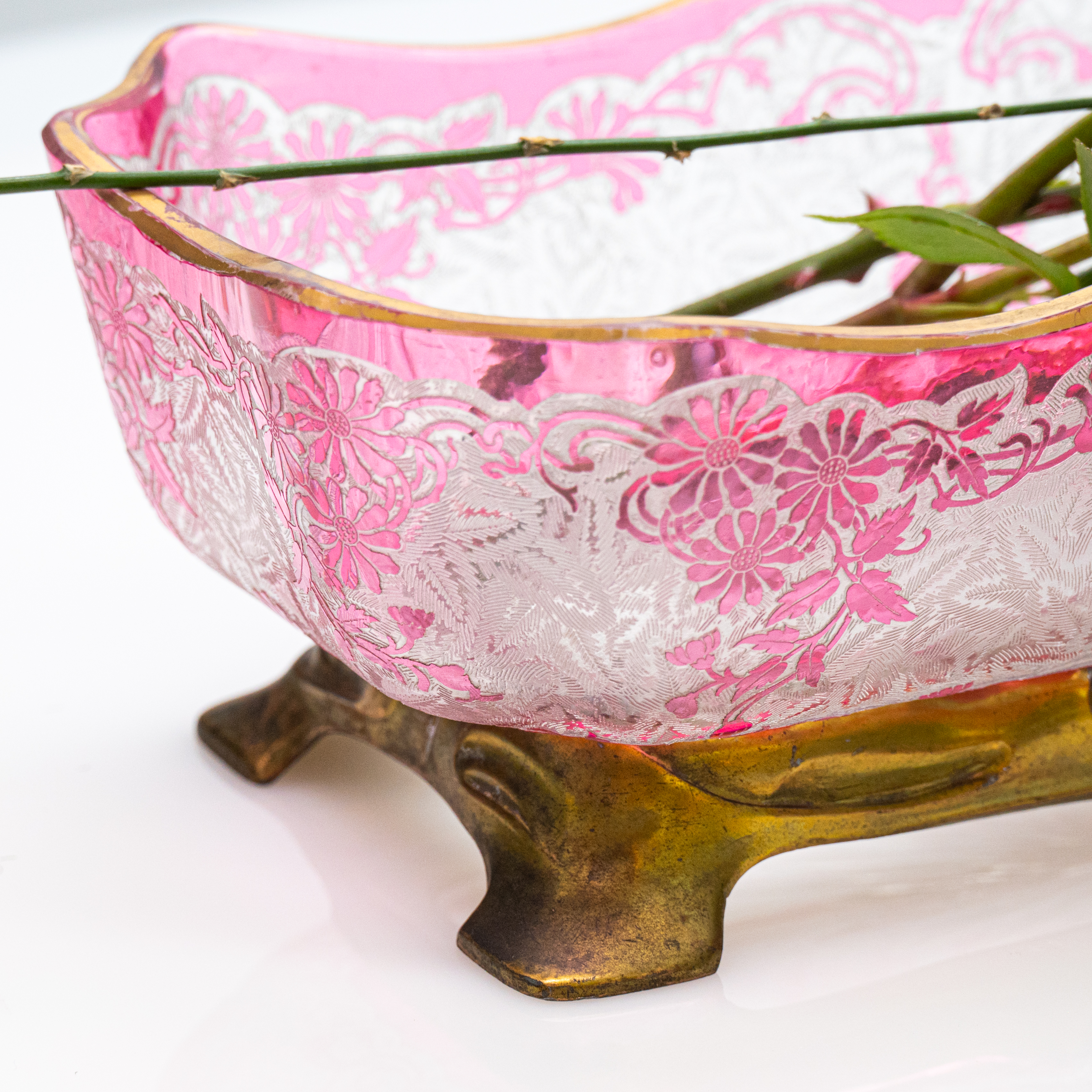 Baccarat Flower Pattern Acid Etched Bowl, Magenta Pink, 1900, France