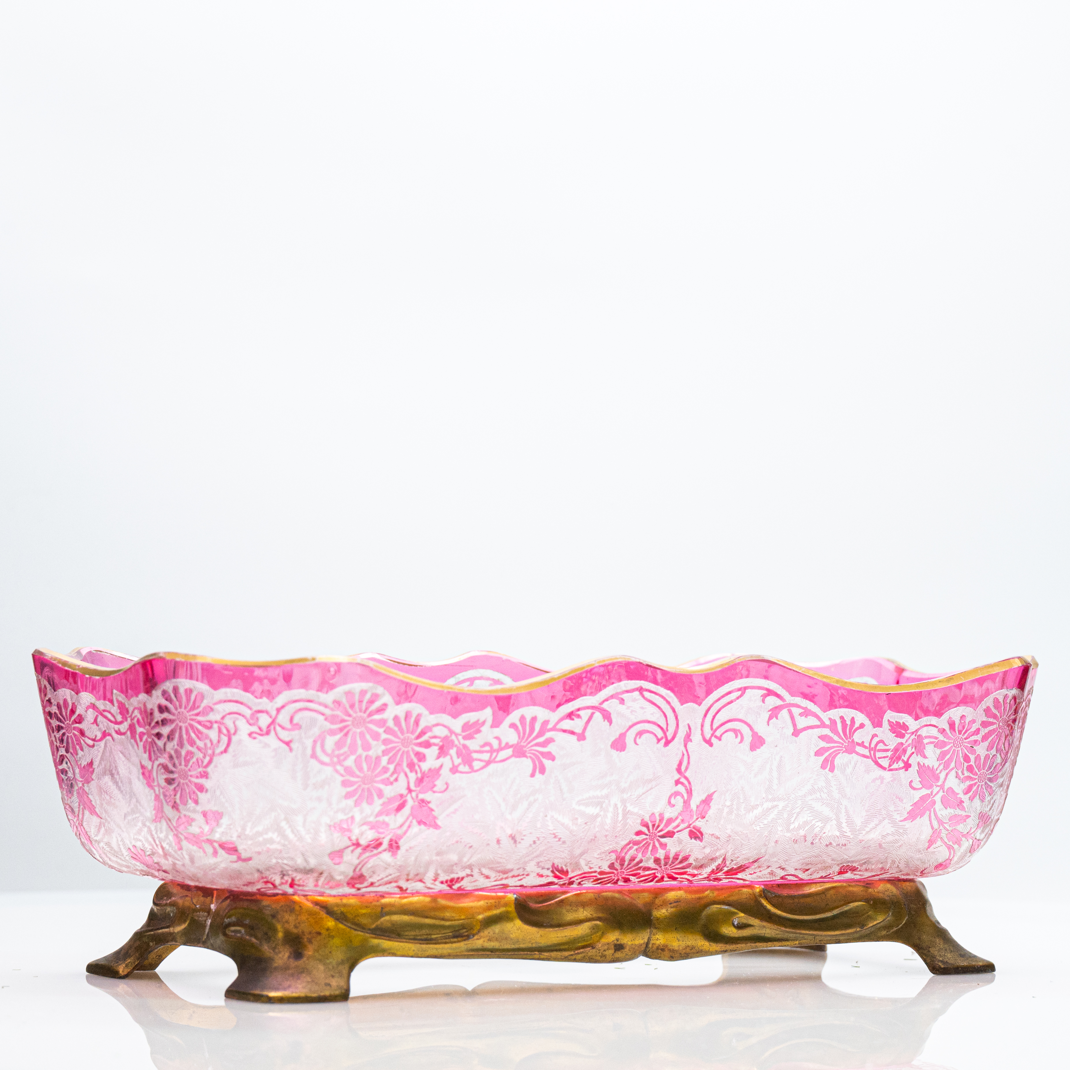 Baccarat Flower Pattern Acid Etched Bowl, Magenta Pink, 1900, France