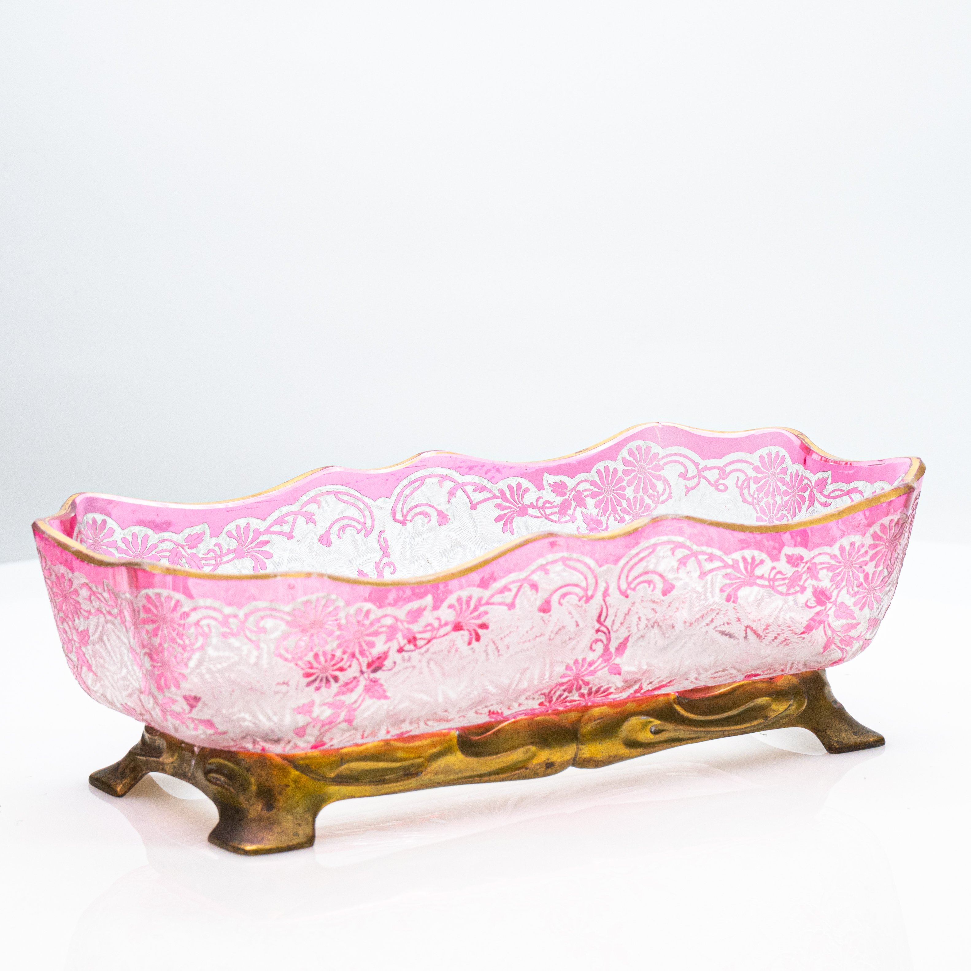 Baccarat Flower Pattern Acid Etched Bowl, Magenta Pink, 1900, France