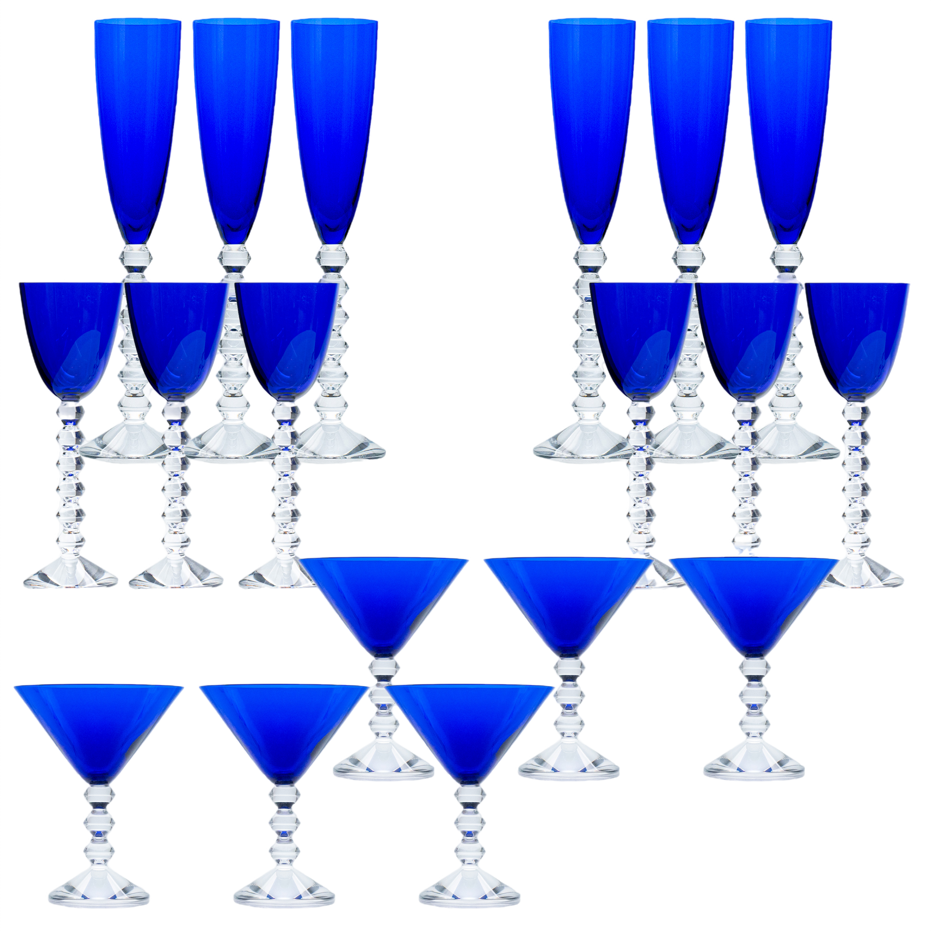 Set of 18 Exquise Deep Blue Baccarat Crystal glasses, France