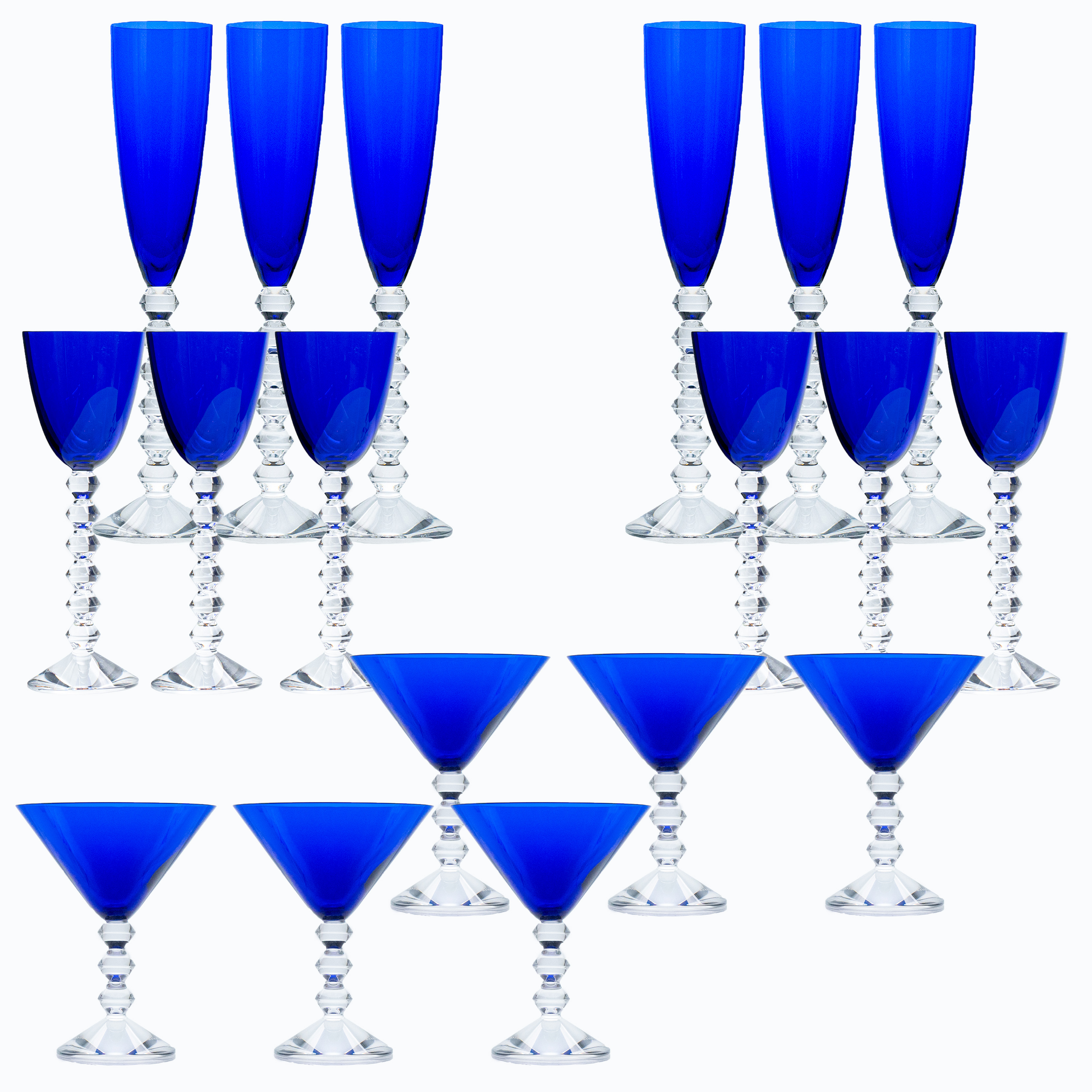 Set of 18 Exquise Deep Blue Baccarat Crystal glasses, France