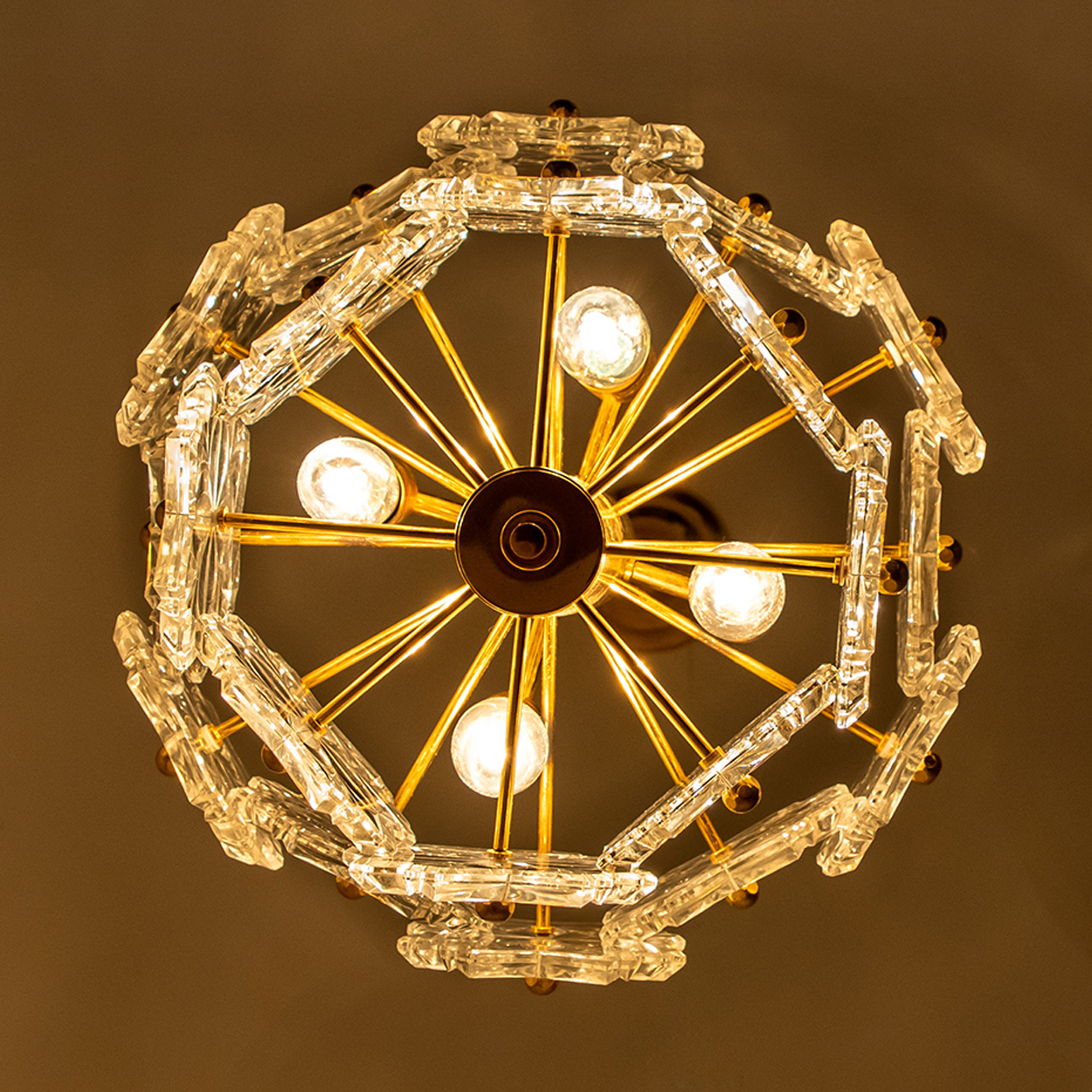 1 of the 2 Glass and Brass Floral Two Tiers Light Fixtures, 1960s