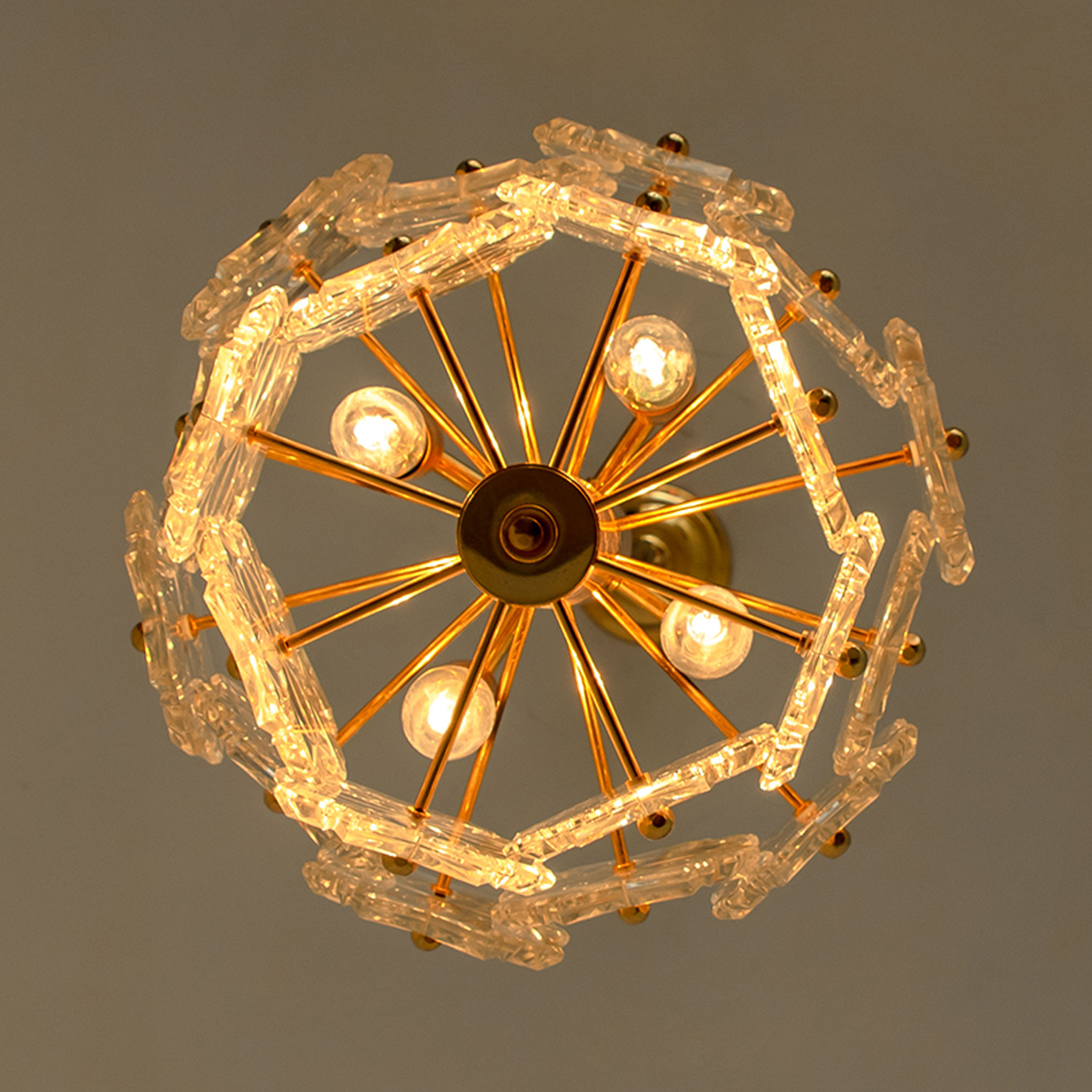 1 of the 2 Glass and Brass Floral Two Tiers Light Fixtures, 1960s