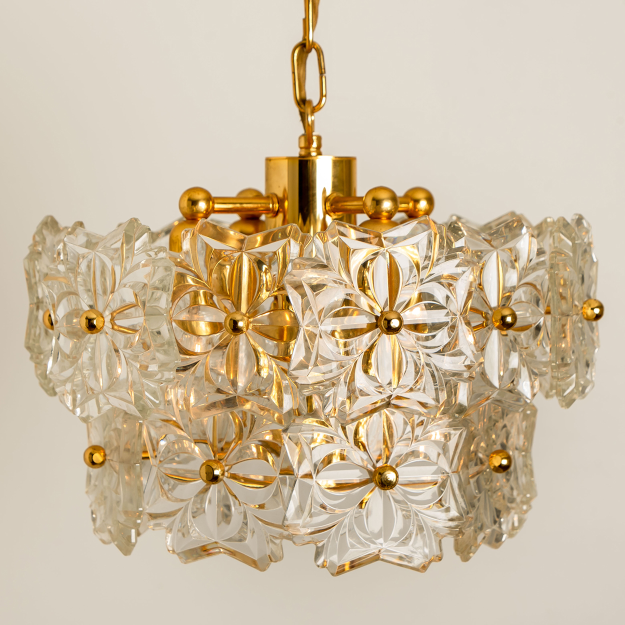 1 of the 2 Glass and Brass Floral Two Tiers Light Fixtures, 1960s