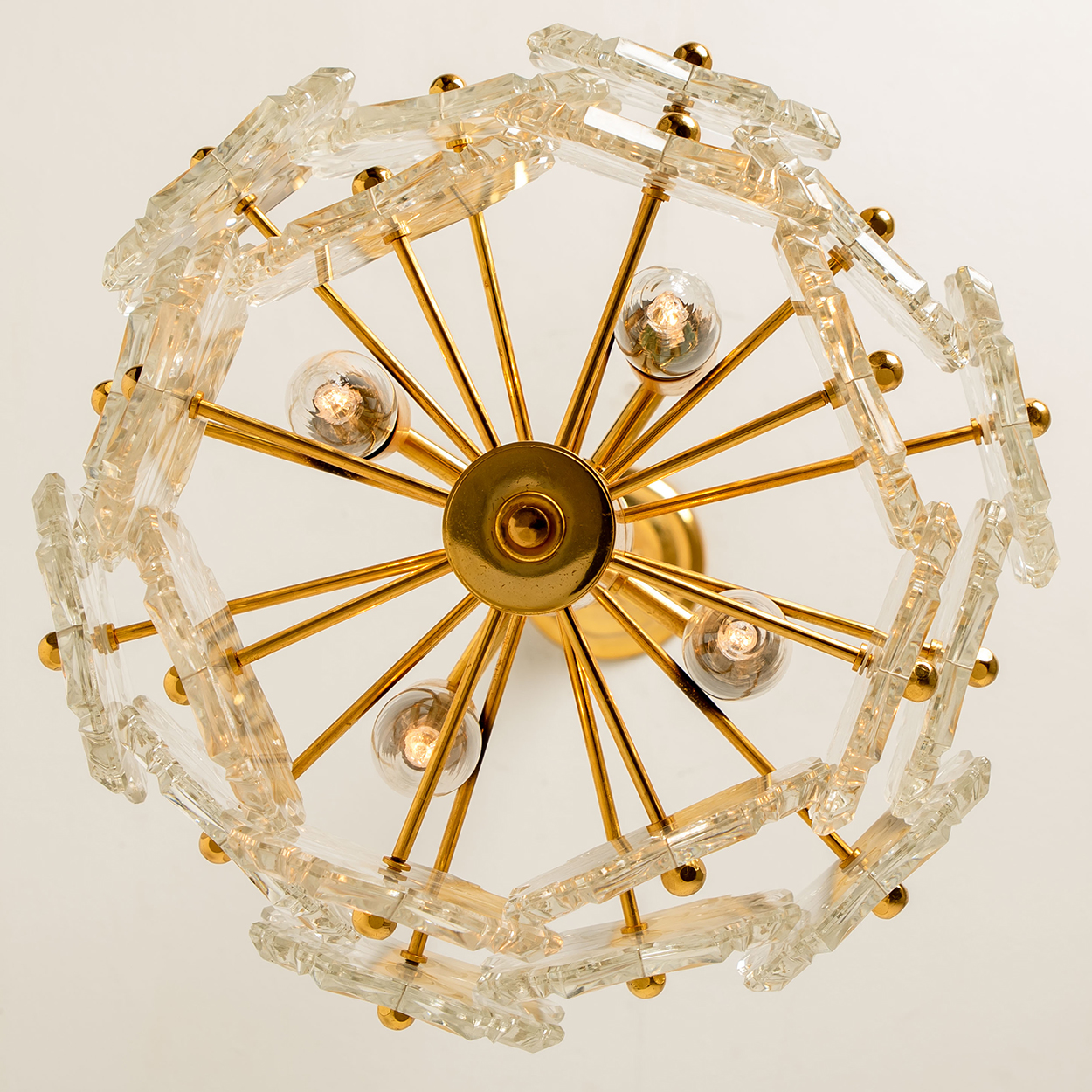 1 of the 2 Glass and Brass Floral Two Tiers Light Fixtures, 1960s