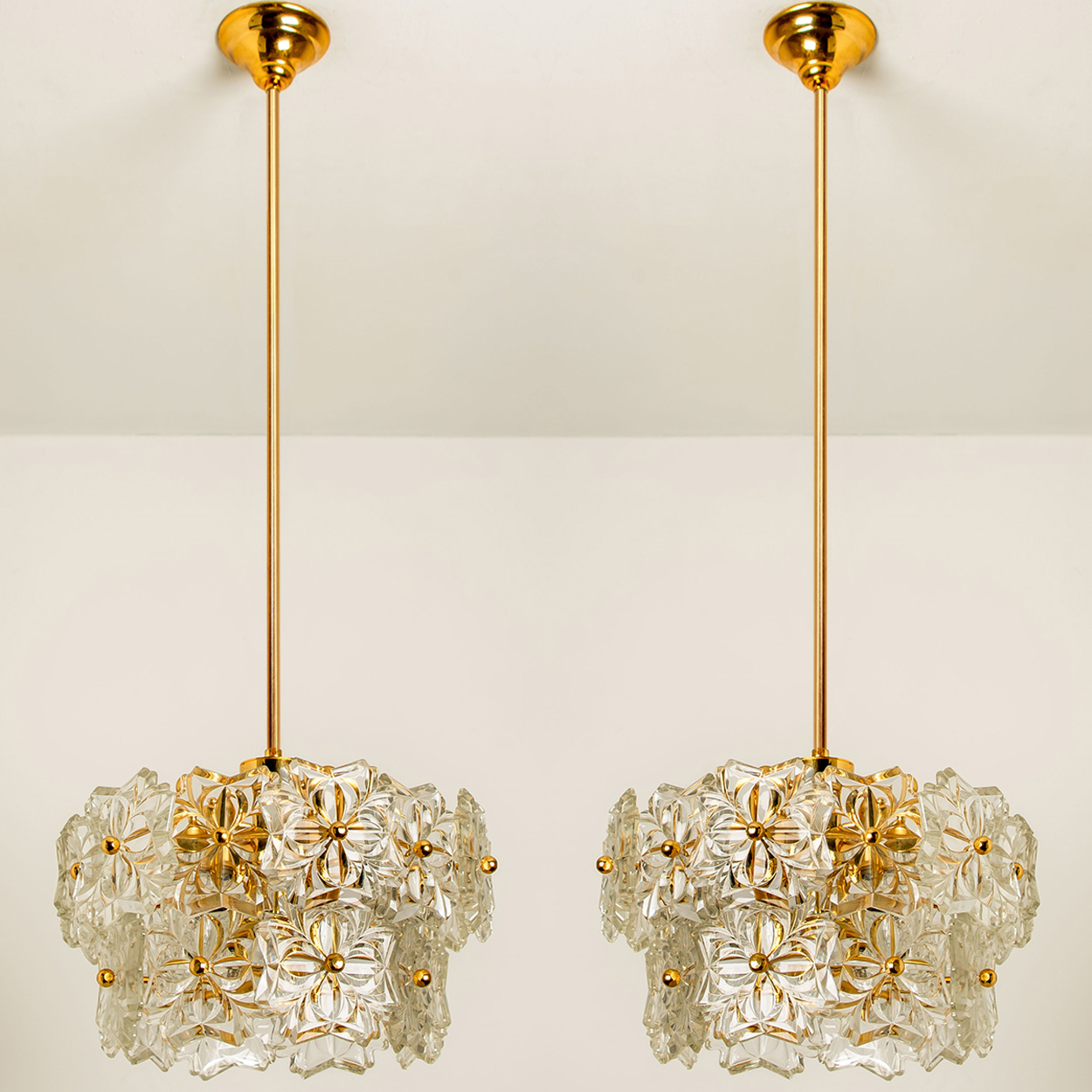 1 of the 2 Glass and Brass Floral Two Tiers Light Fixtures, 1960s