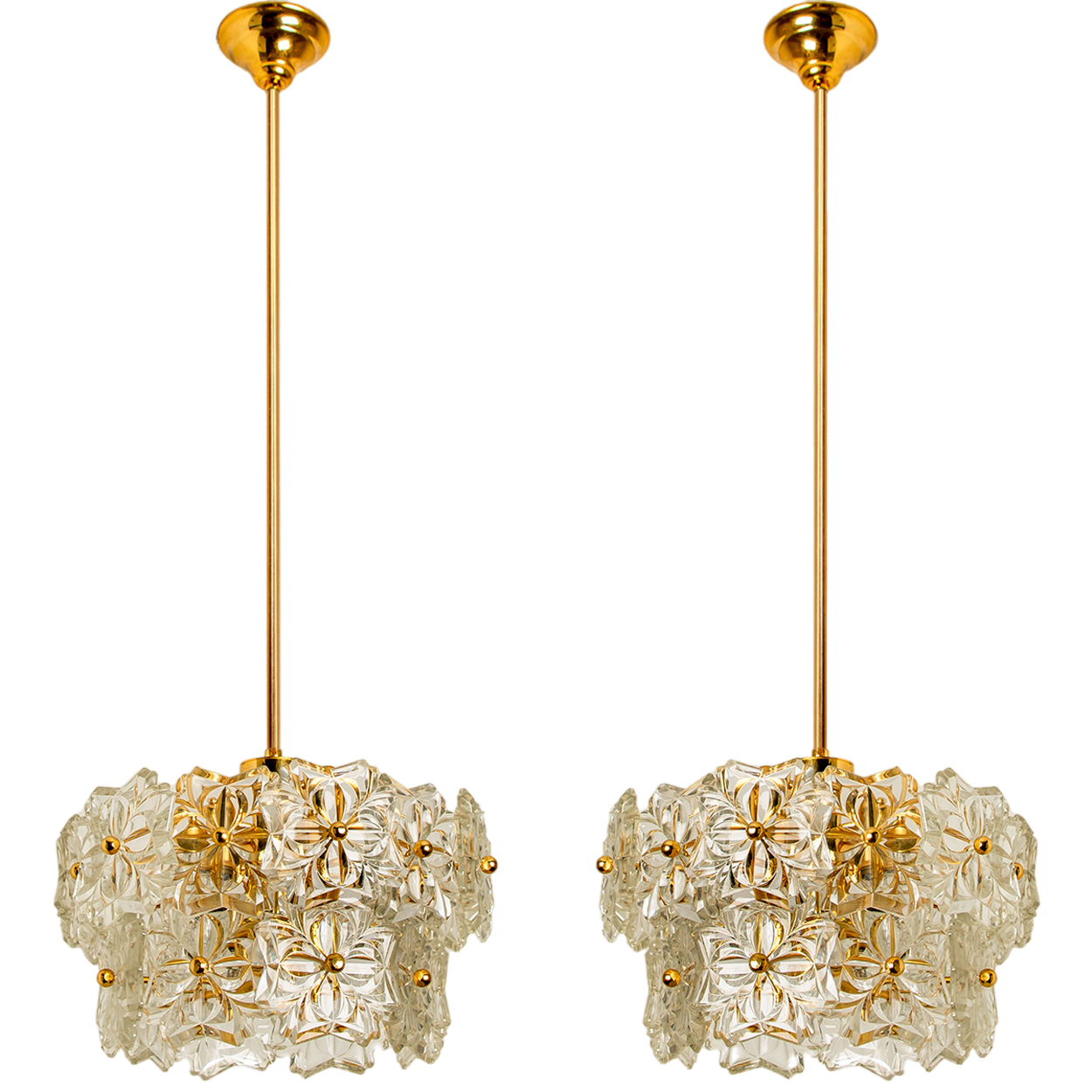 1 of the 2 Glass and Brass Floral Two Tiers Light Fixtures, 1960s