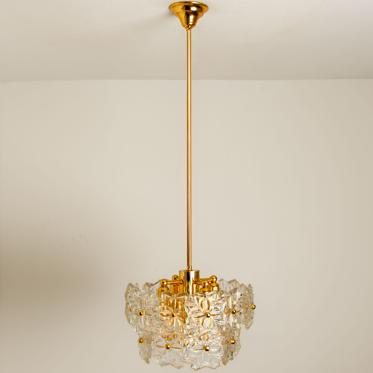 1 of the 2 Glass and Brass Floral Two Tiers Light Fixtures, 1960s