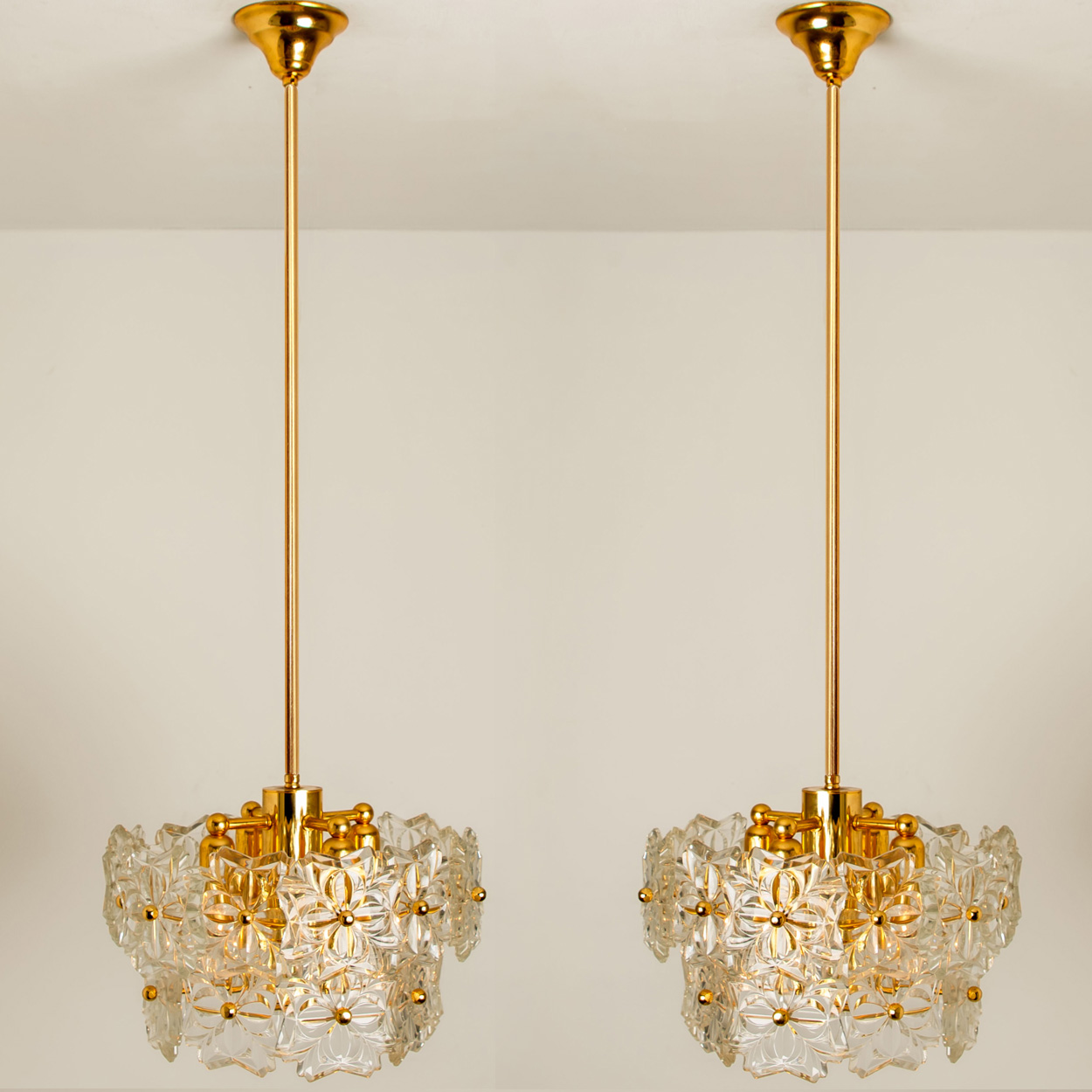 1 of the 2 Glass and Brass Floral Two Tiers Light Fixtures, 1960s