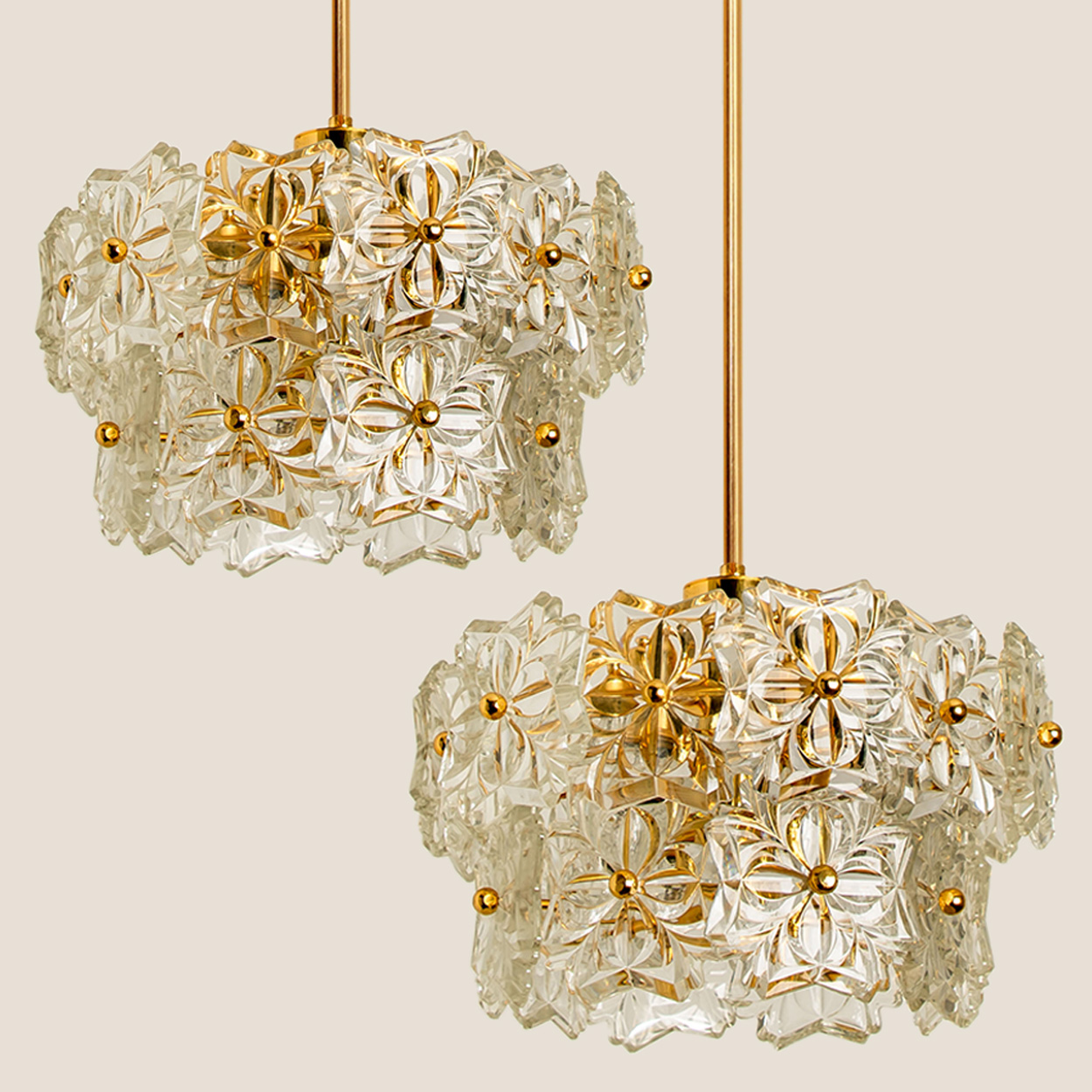 1 of the 2 Glass and Brass Floral Two Tiers Light Fixtures, 1960s