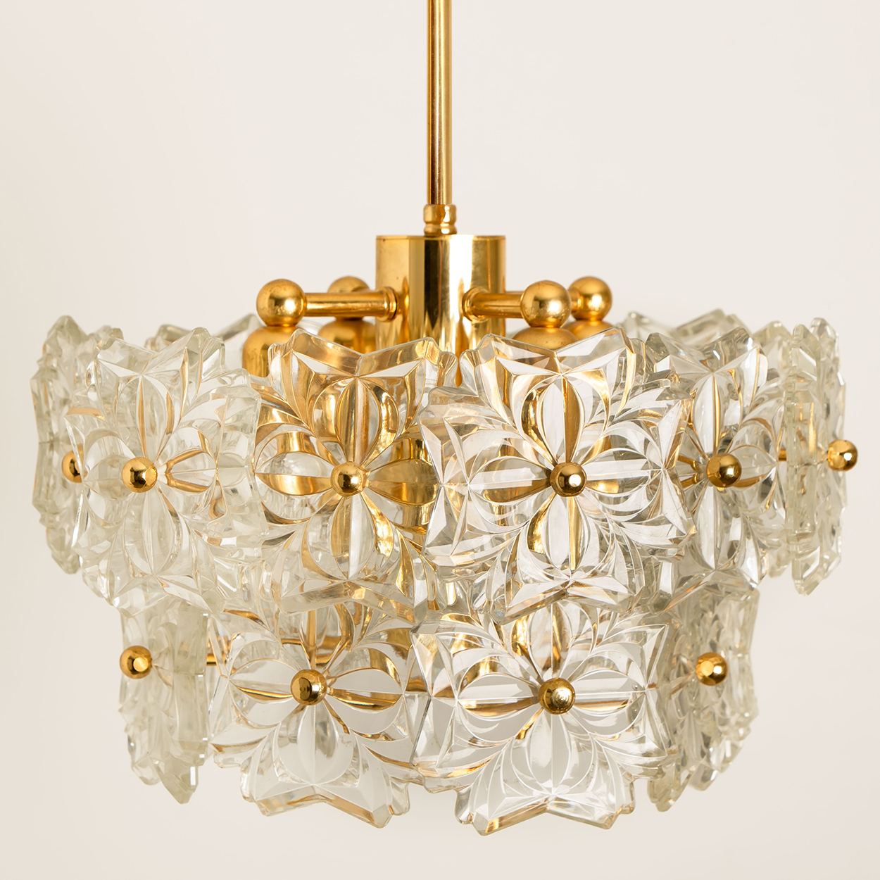 1 of the 2 Glass and Brass Floral Two Tiers Light Fixtures, 1960s