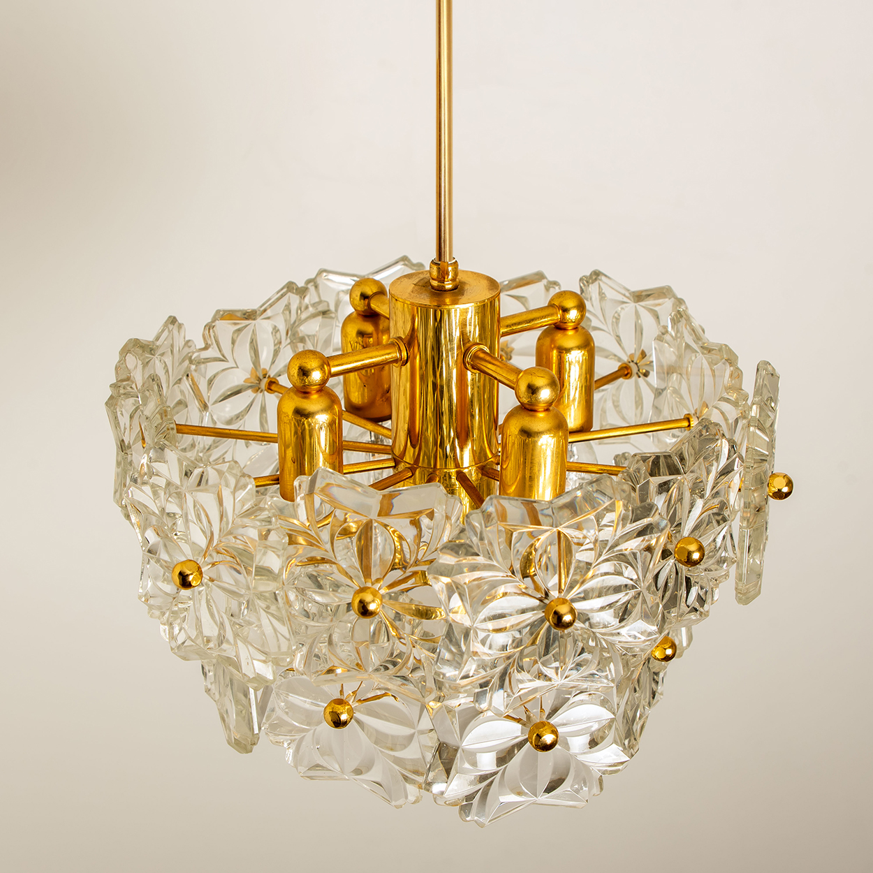 1 of the 2 Glass and Brass Floral Two Tiers Light Fixtures, 1960s