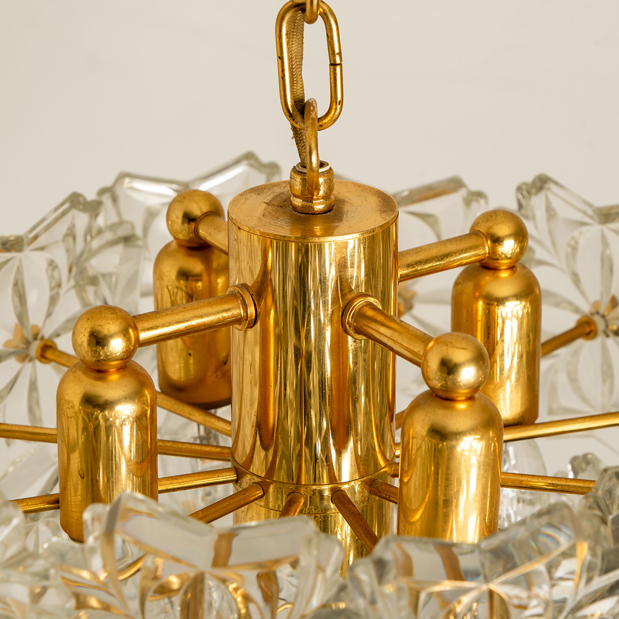 1 of the 2 Glass and Brass Floral Two Tiers Light Fixtures, 1960s