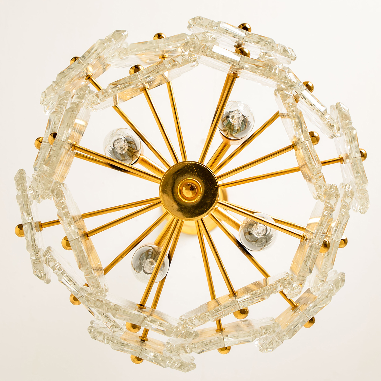 1 of the 2 Glass and Brass Floral Two Tiers Light Fixtures, 1960s