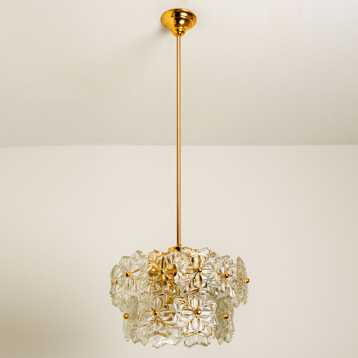 1 of the 2 Glass and Brass Floral Two Tiers Light Fixtures, 1960s