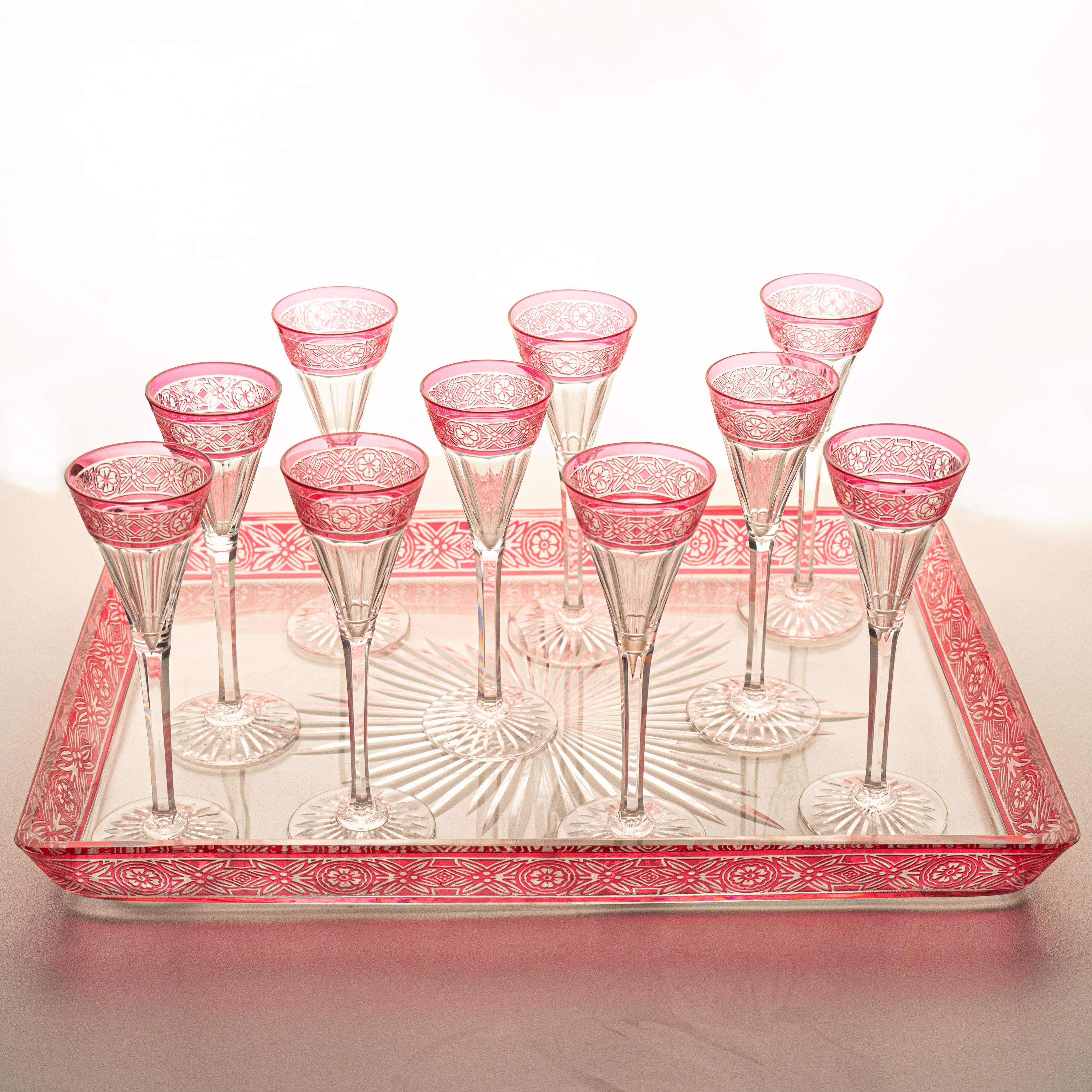 Baccarat, Set of Eleven Overlay Crystal Items, Bright Crimson, France 1920