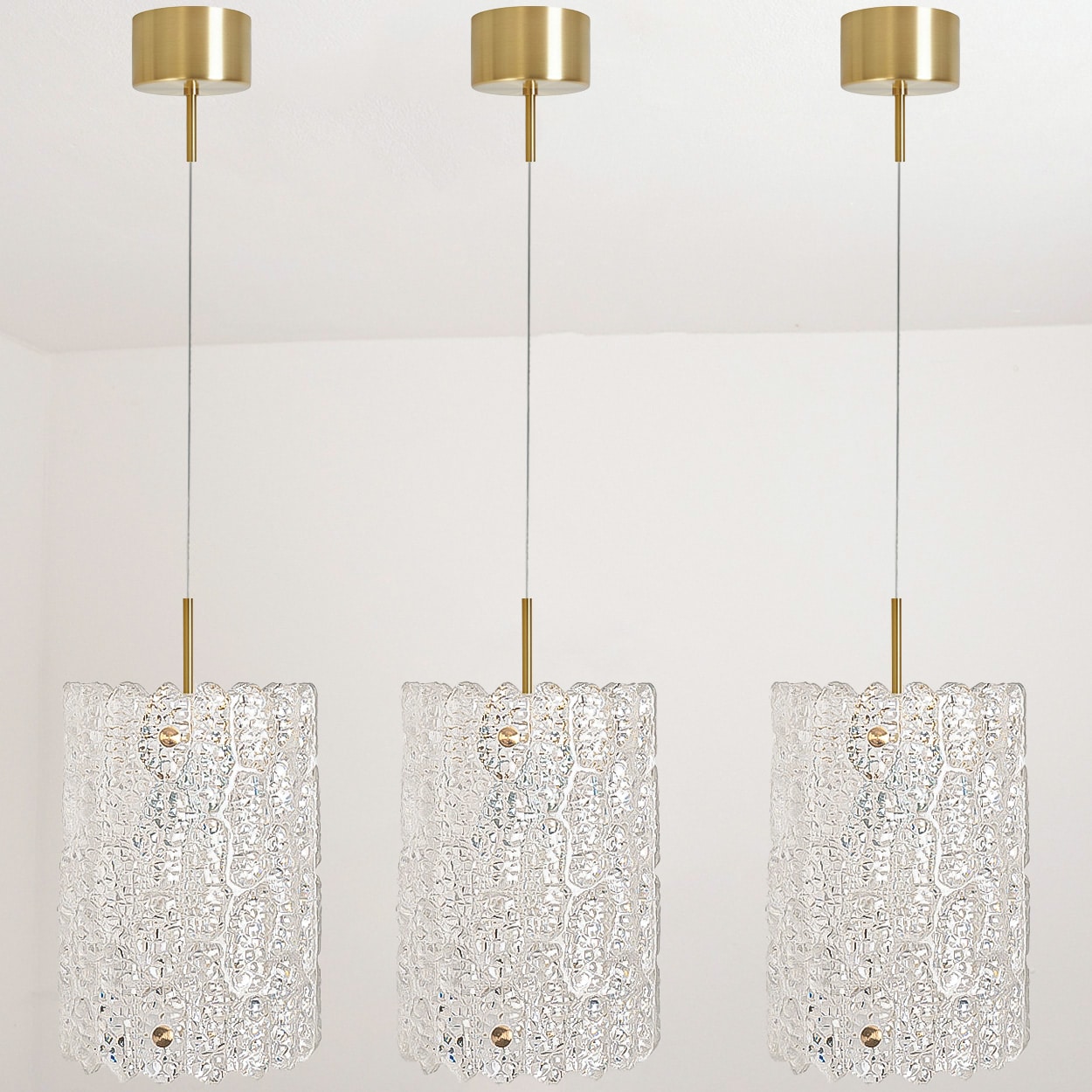 1 of 3 Brass and Crystal Glass Pendant by Carl Fagerlund for Orrefors, Sweden