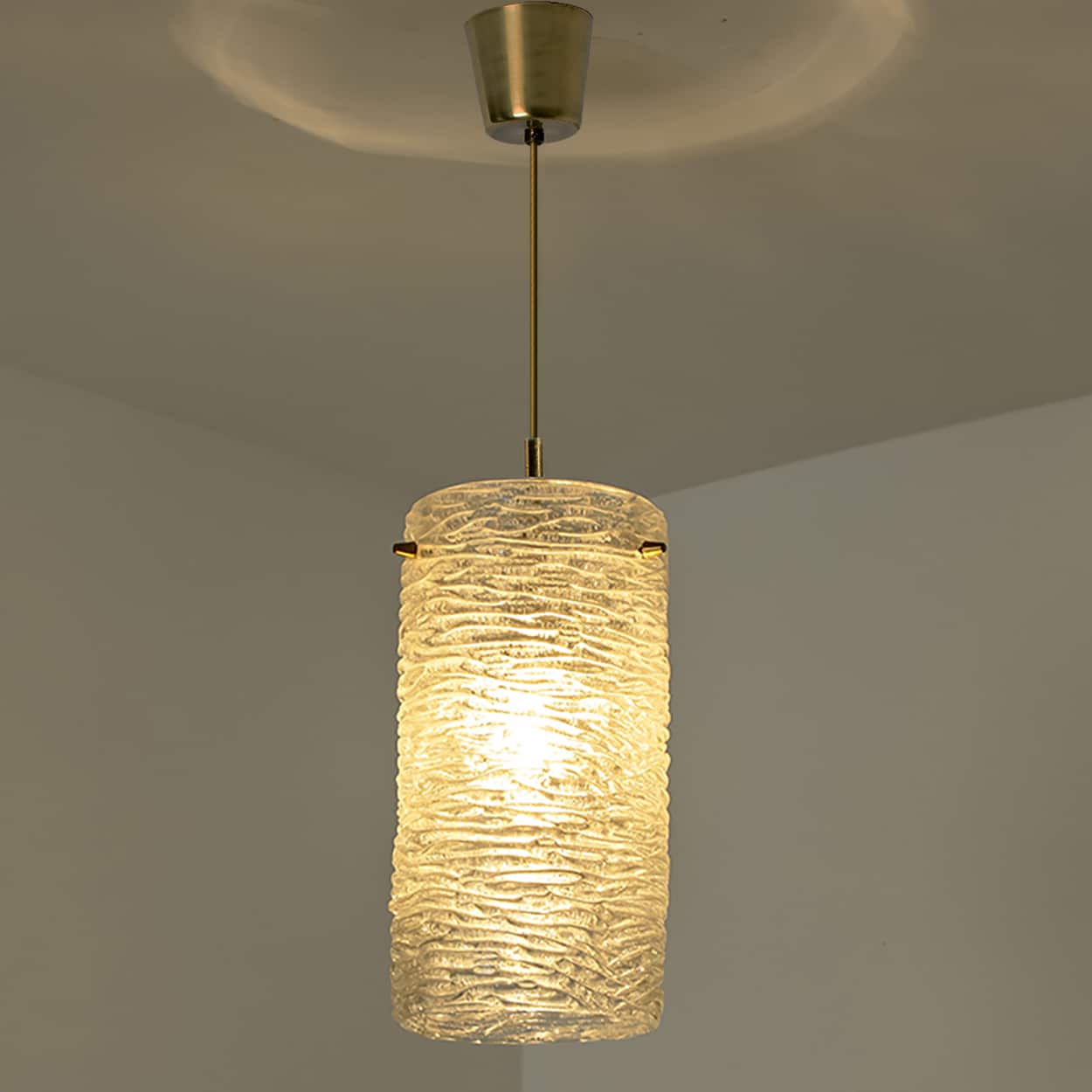 1 of the 3 Brass and Crystal Glass Pendants, Carl Fagerlund for Orrefors, Sweden
