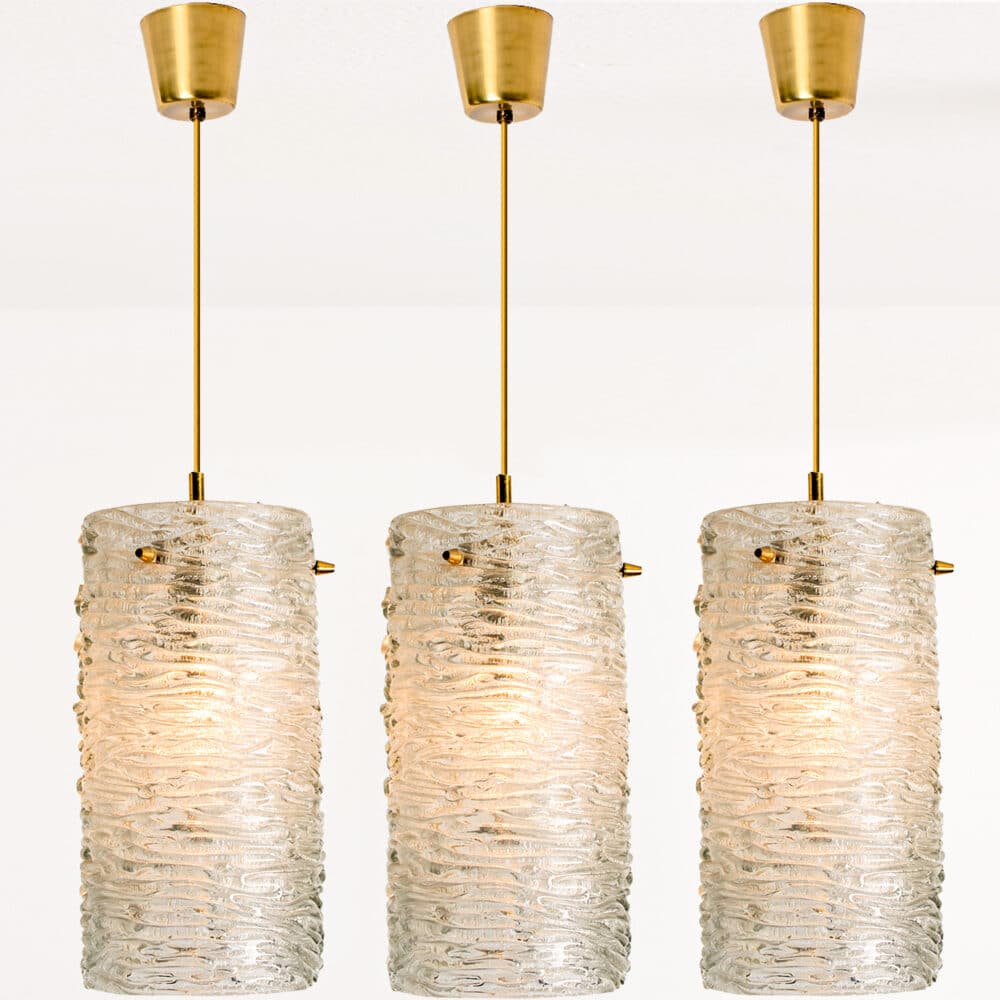 1 of the 3 Brass and Crystal Glass Pendants, Carl Fagerlund for Orrefors, Sweden