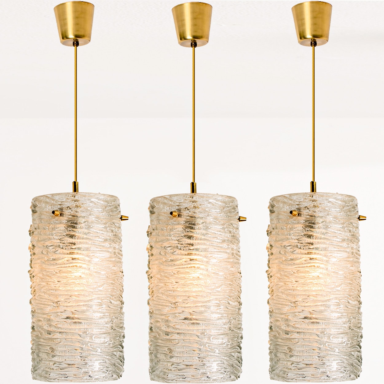 1 of the 3 Brass and Crystal Glass Pendants, Carl Fagerlund for Orrefors, Sweden