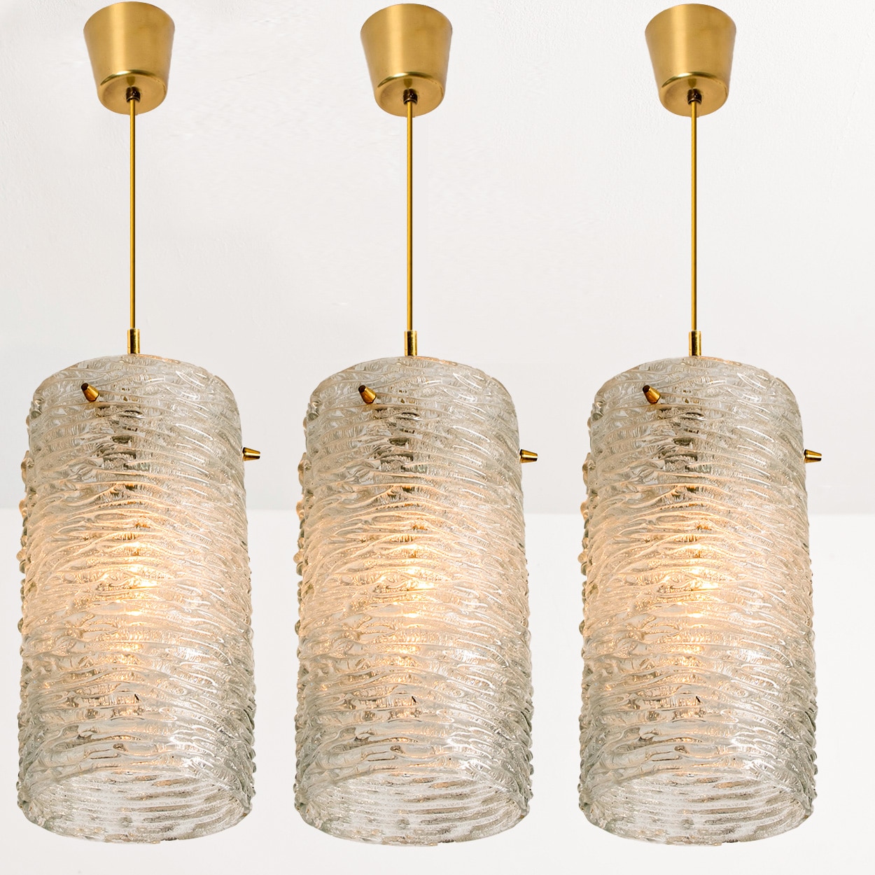 1 of the 3 Brass and Crystal Glass Pendants, Carl Fagerlund for Orrefors, Sweden