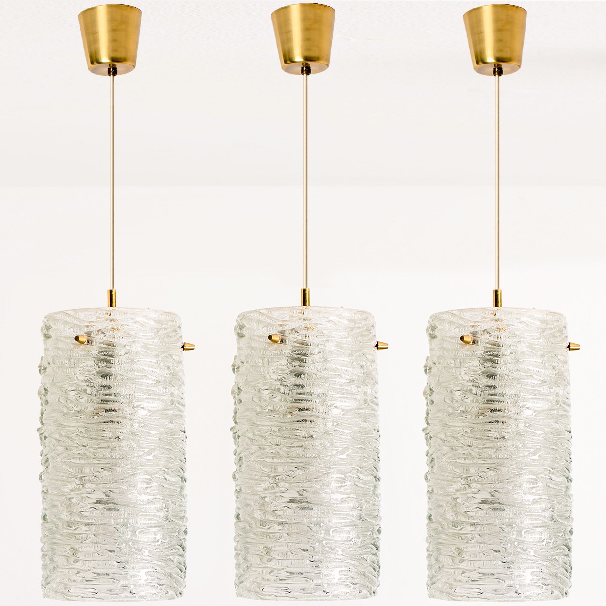 1 of the 3 Brass and Crystal Glass Pendants, Carl Fagerlund for Orrefors, Sweden