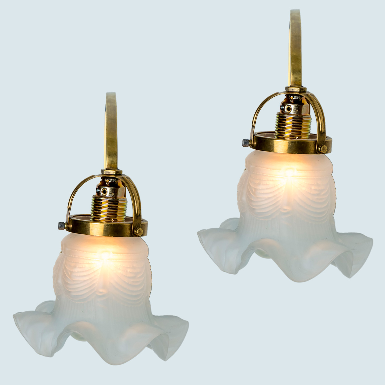 Pair of Jugendstil Brass Wall Lights White Flower, France 1910