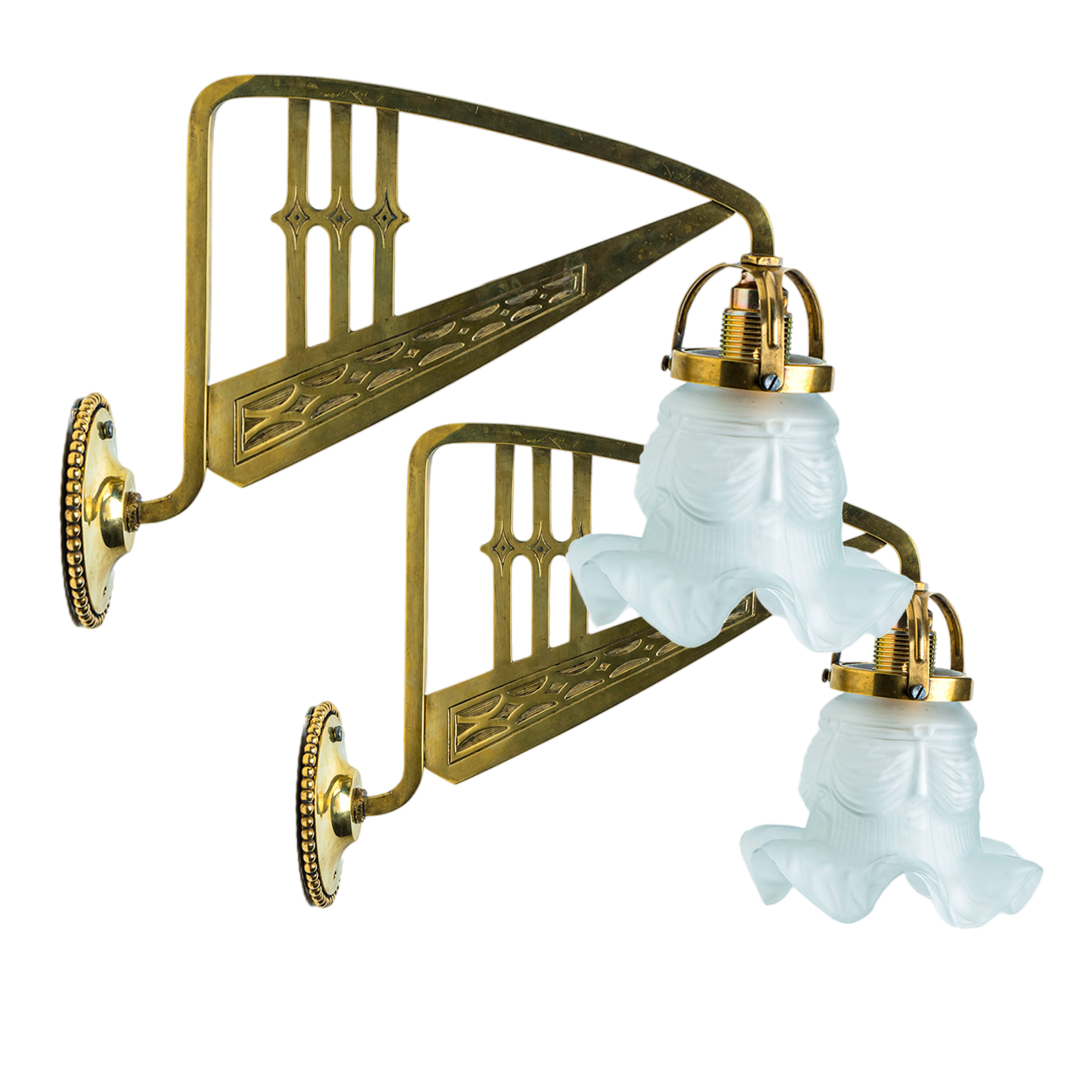 Pair of Jugendstil Brass Wall Lights White Flower, France 1910