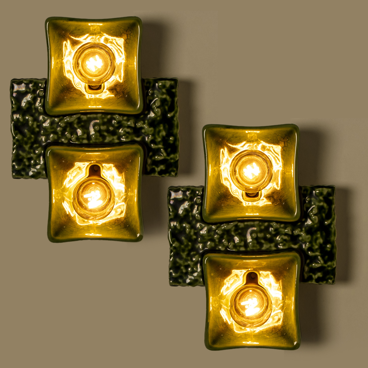 1 of the 2 Pan Ceramics Green Textured Square Wall Lights, 1960s