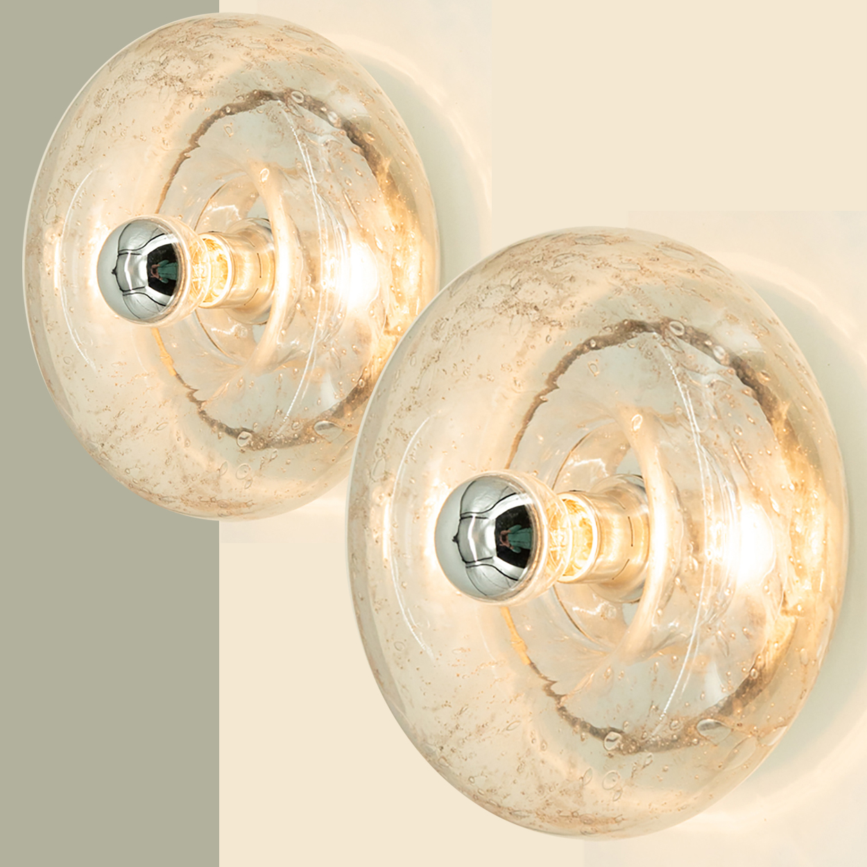 Pair of Beautiful Chrome Glass Flush Mount by Doria Leuchten, Germany 1970