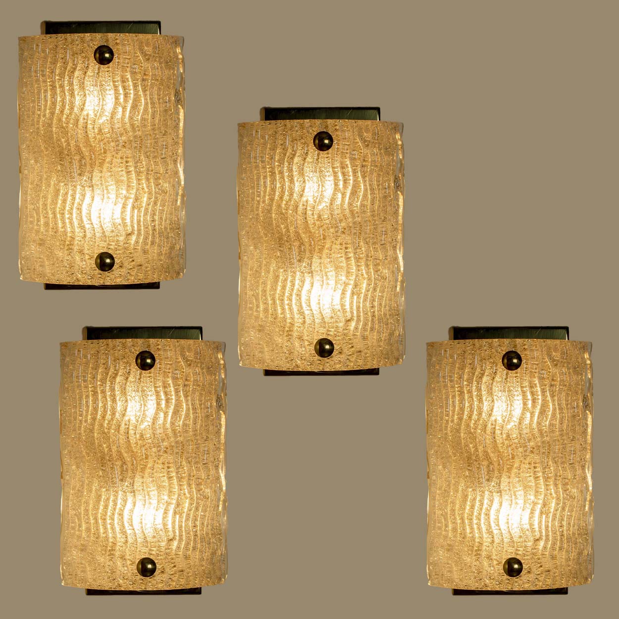 1 of the 4 Waved Glass Gold Wall Lights Kalmar, 1970s